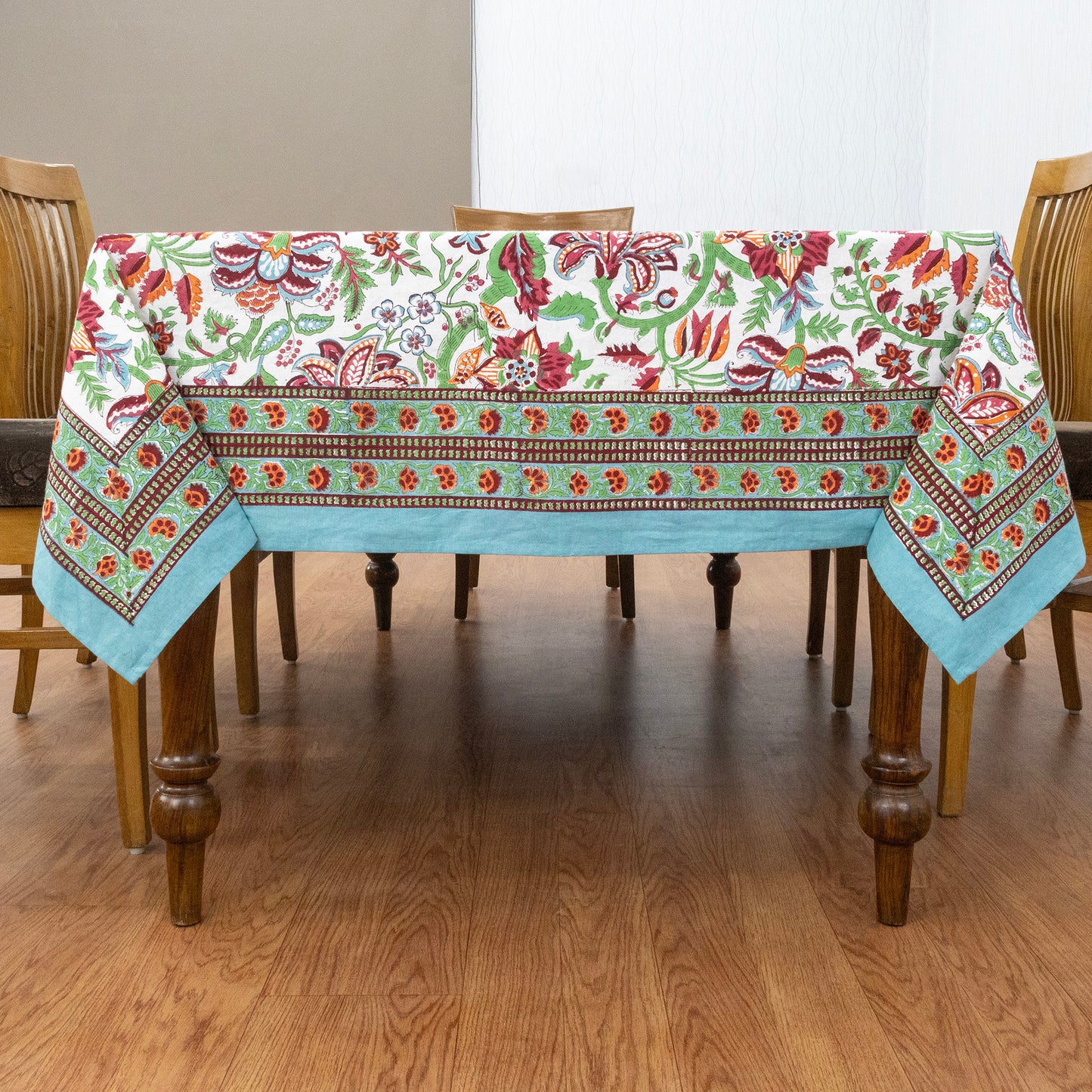 Indian Handmade Block Printed Cotton green and red Rectangle Tablecloth - My Store