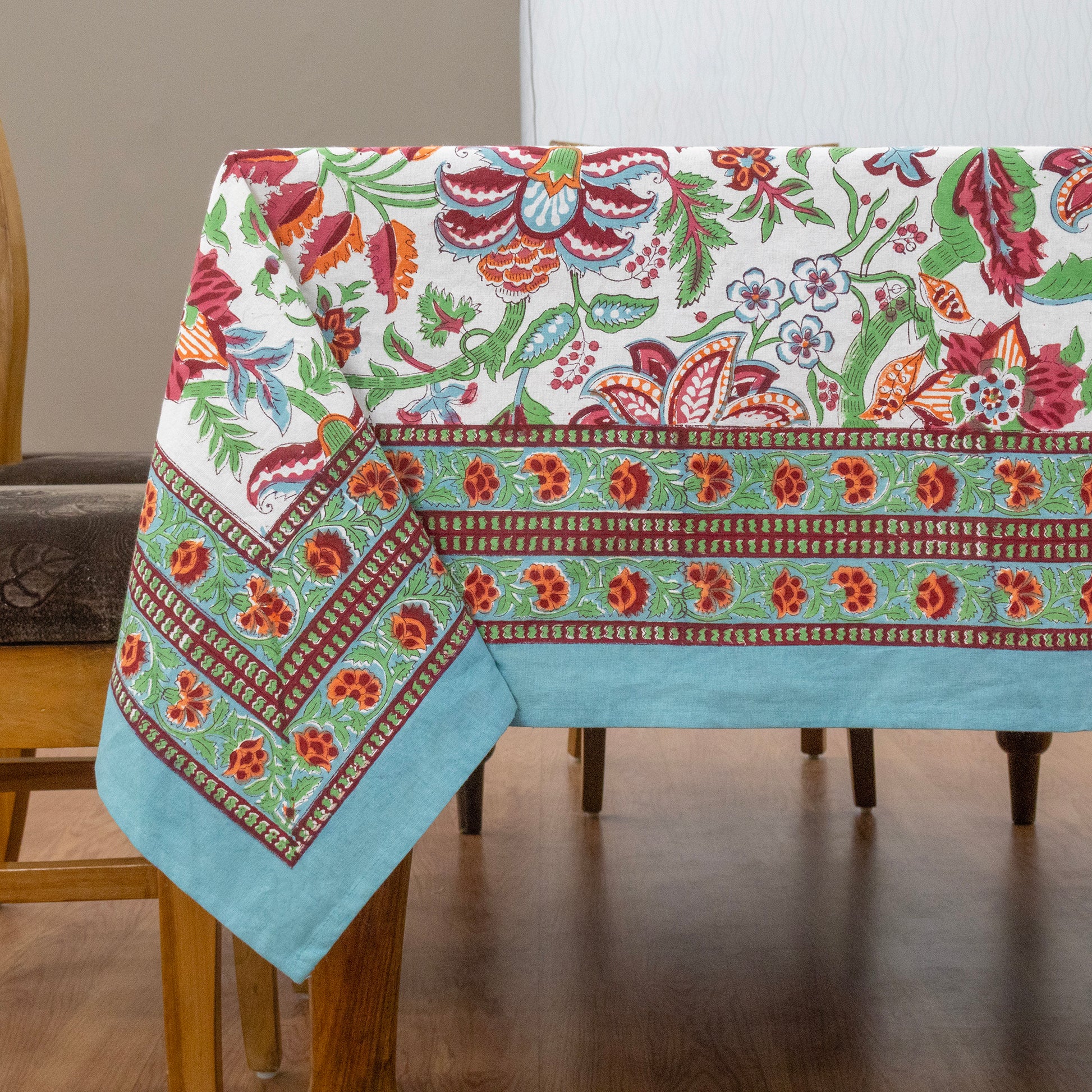 Indian Handmade Block Printed Cotton green and red Rectangle Tablecloth - My Store