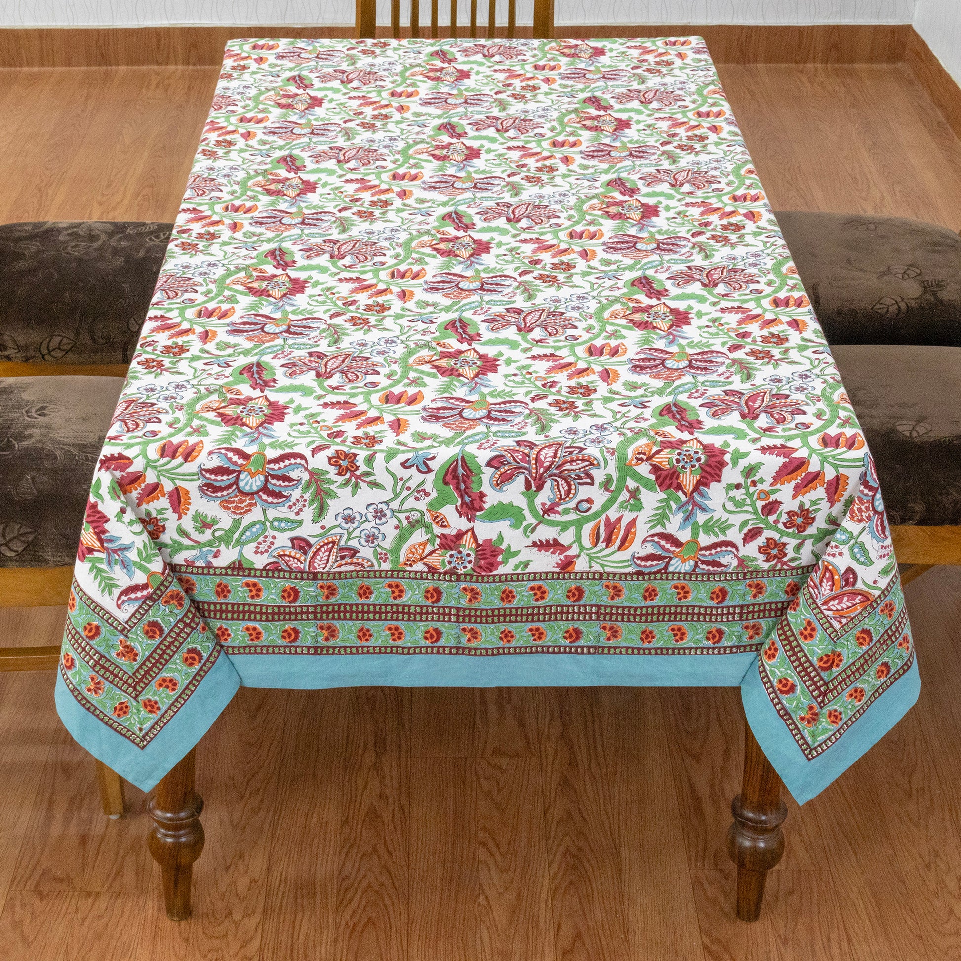 Indian Handmade Block Printed Cotton green and red Rectangle Tablecloth - My Store