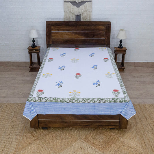 Indian Handmade Block Printed White and Blue Floral Pattern Cotton Bed sheet For living Room, Kids Room - My Store