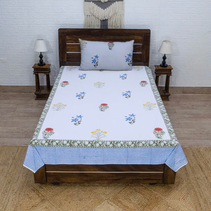 Indian Handmade Block Printed White and Blue Floral Pattern Cotton Bed sheet For living Room, Kids Room - My Store