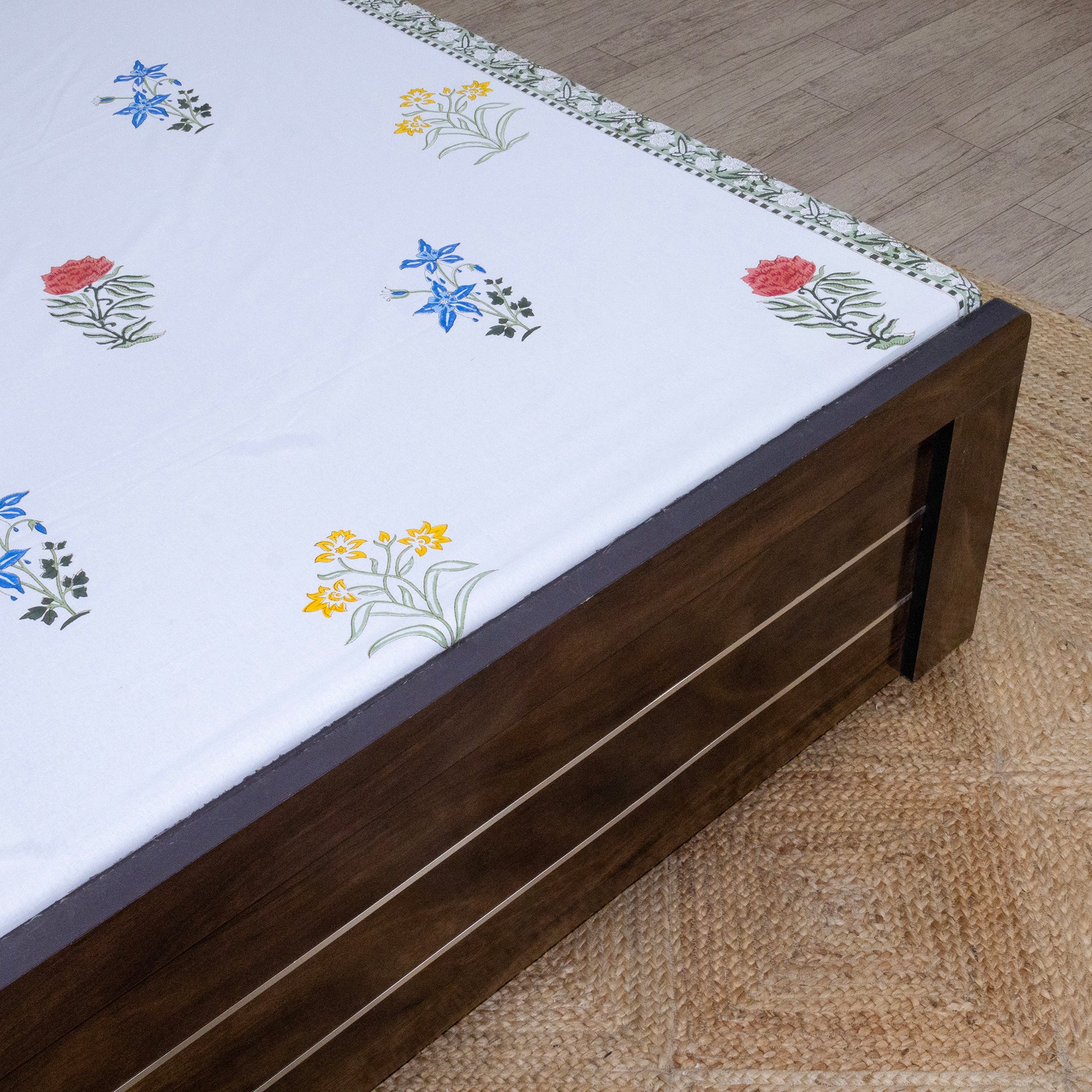 Indian Handmade Block Printed White and Blue Floral Pattern Cotton Bed sheet For living Room, Kids Room - My Store