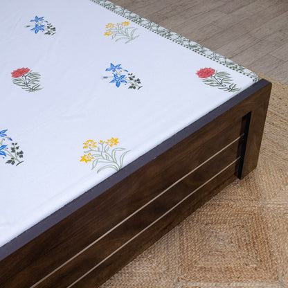 Indian Handmade Block Printed White and Blue Floral Pattern Cotton Bed sheet For living Room, Kids Room - My Store