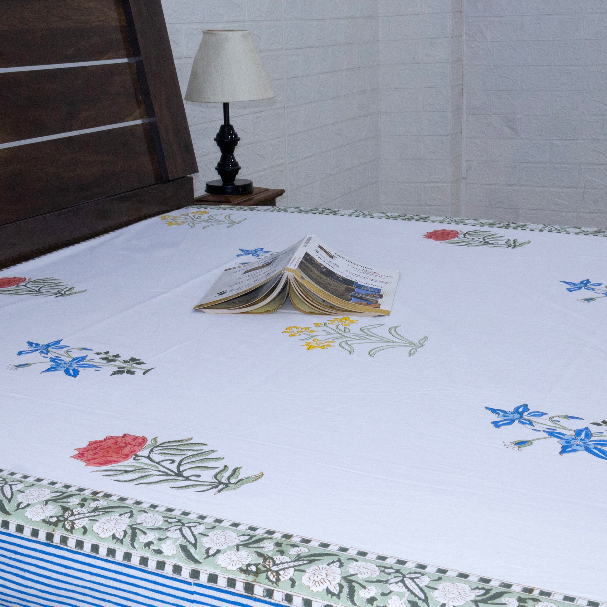 Indian Handmade Block Printed White and Blue Floral Pattern Cotton Bed sheet For living Room, Kids Room - My Store