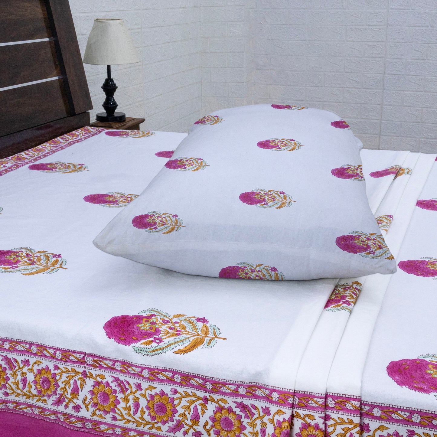 Indian Handmade Block Printed White and Pink Floral Pattern Cotton Bed sheet For living Room, Kids Room - My Store