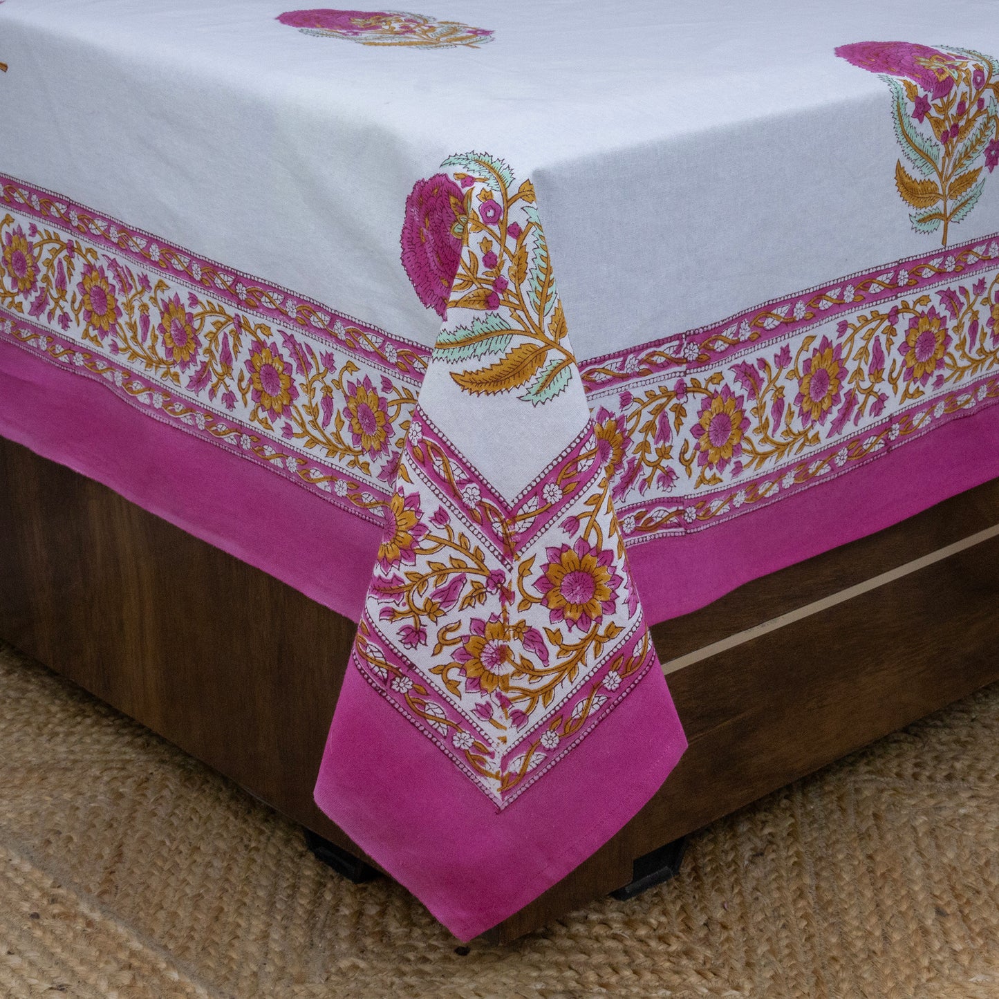 Indian Handmade Block Printed White and Pink Floral Pattern Cotton Bed sheet For living Room, Kids Room - My Store