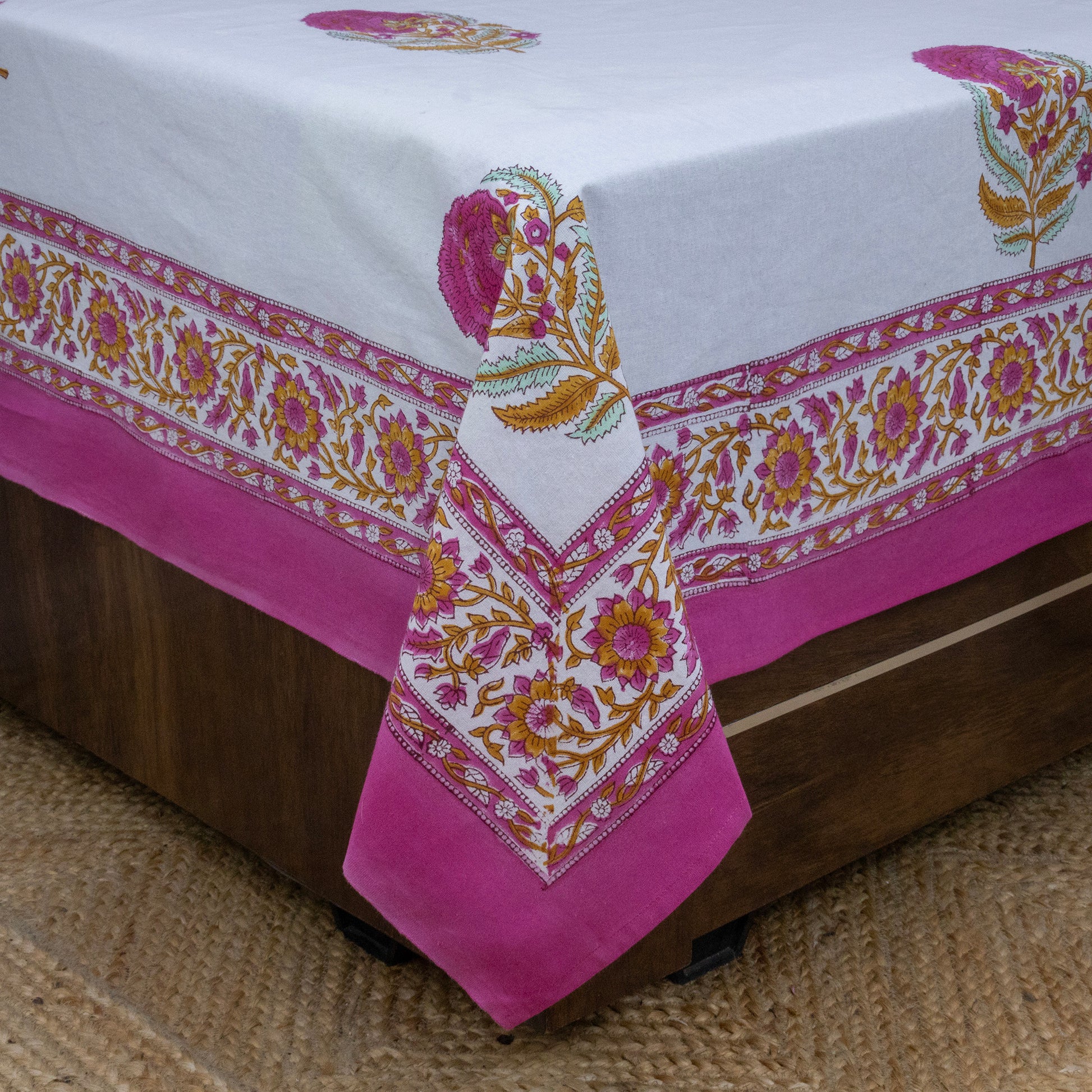 Indian Handmade Block Printed White and Pink Floral Pattern Cotton Bed sheet For living Room, Kids Room - My Store