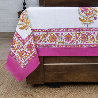 Indian Handmade Block Printed White and Pink Floral Pattern Cotton Bed sheet For living Room, Kids Room - My Store