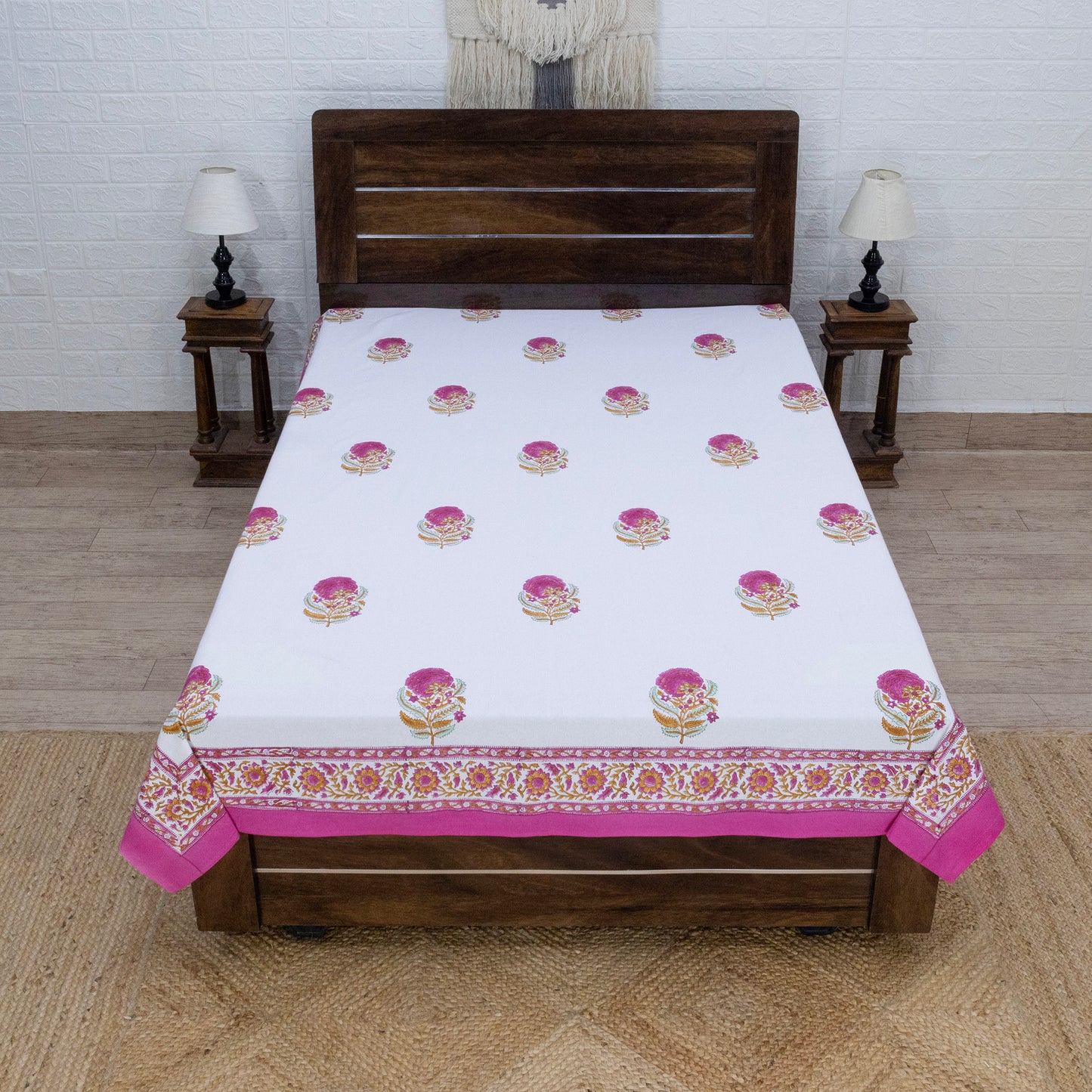 Indian Handmade Block Printed White and Pink Floral Pattern Cotton Bed sheet For living Room, Kids Room - My Store