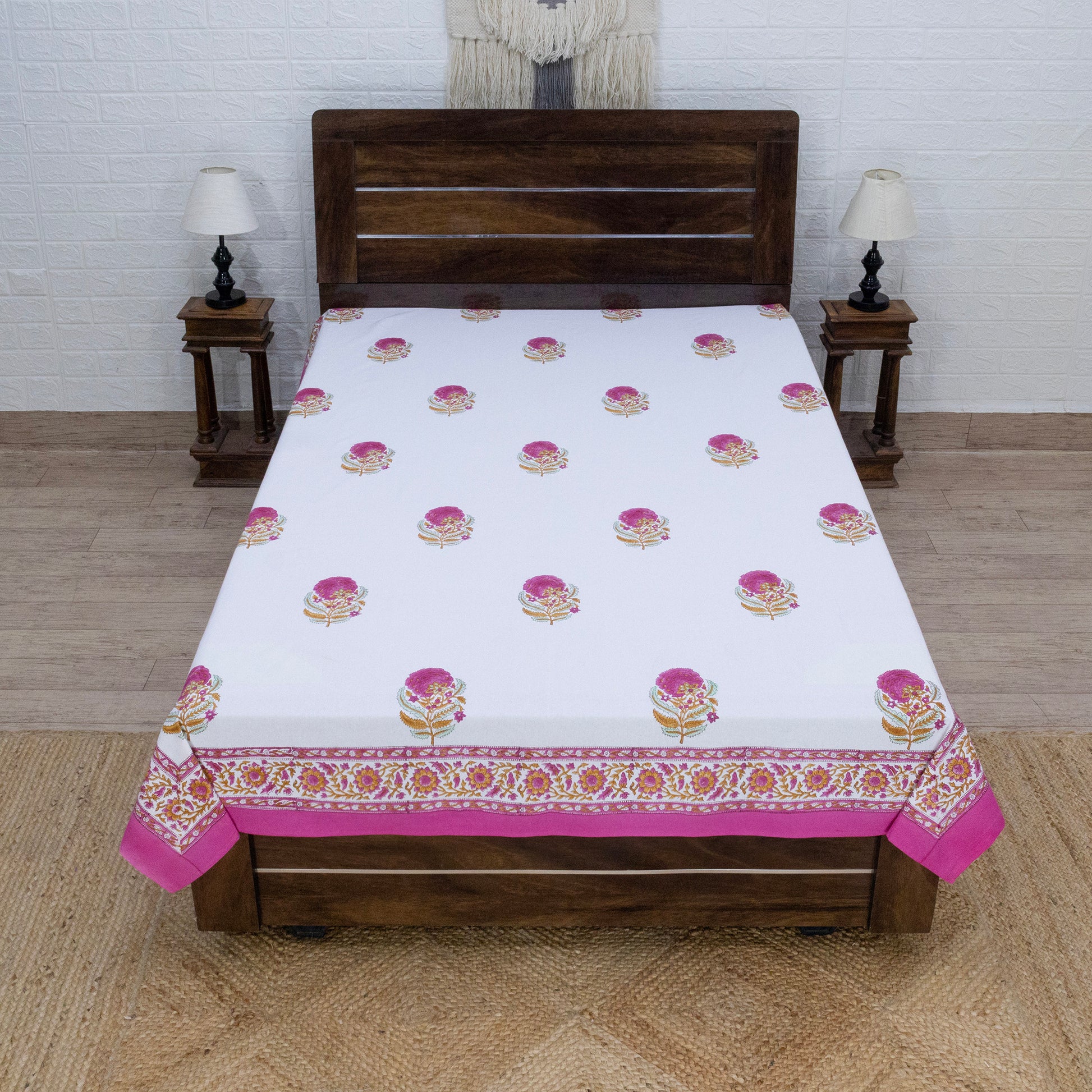 Indian Handmade Block Printed White and Pink Floral Pattern Cotton Bed sheet For living Room, Kids Room - My Store