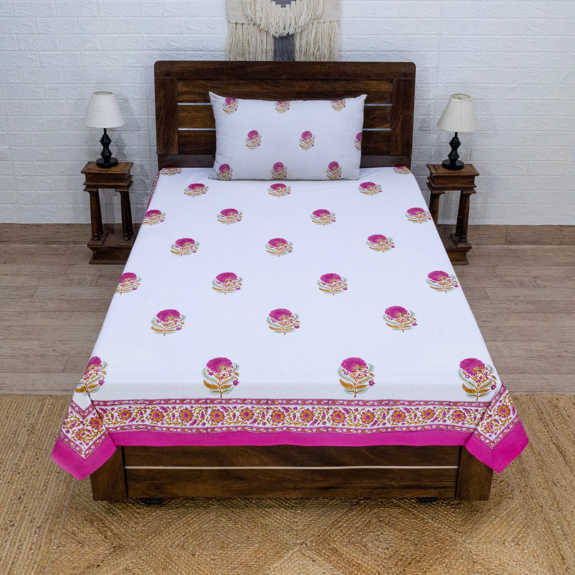 Indian Handmade Block Printed White and Pink Floral Pattern Cotton Bed sheet For living Room, Kids Room - My Store