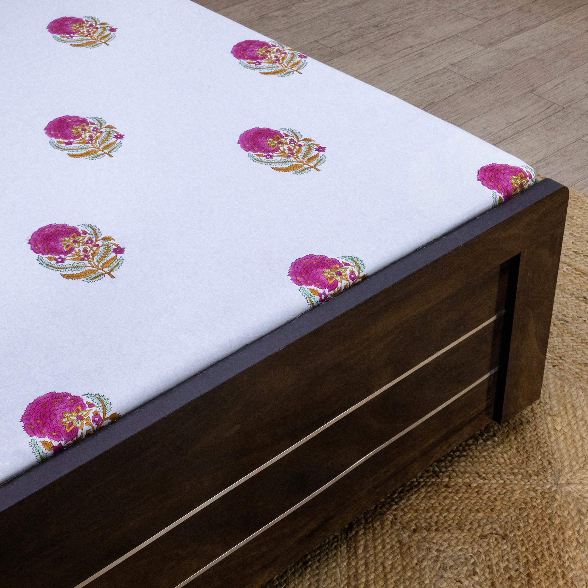 Indian Handmade Block Printed White and Pink Floral Pattern Cotton Bed sheet For living Room, Kids Room - My Store