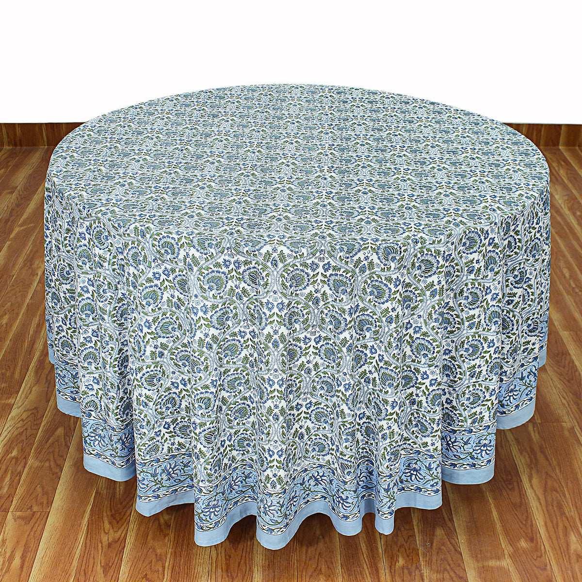 Blue Round Tablecloth, Floral Cotton, India Block Print - My Store