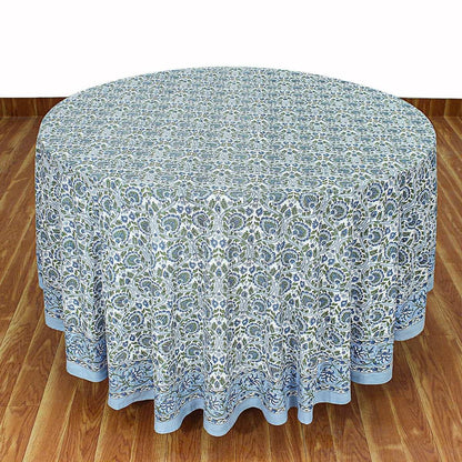 Blue Round Tablecloth, Floral Cotton, India Block Print - My Store