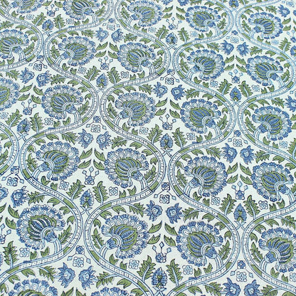 Blue Round Tablecloth, Floral Cotton, India Block Print - My Store