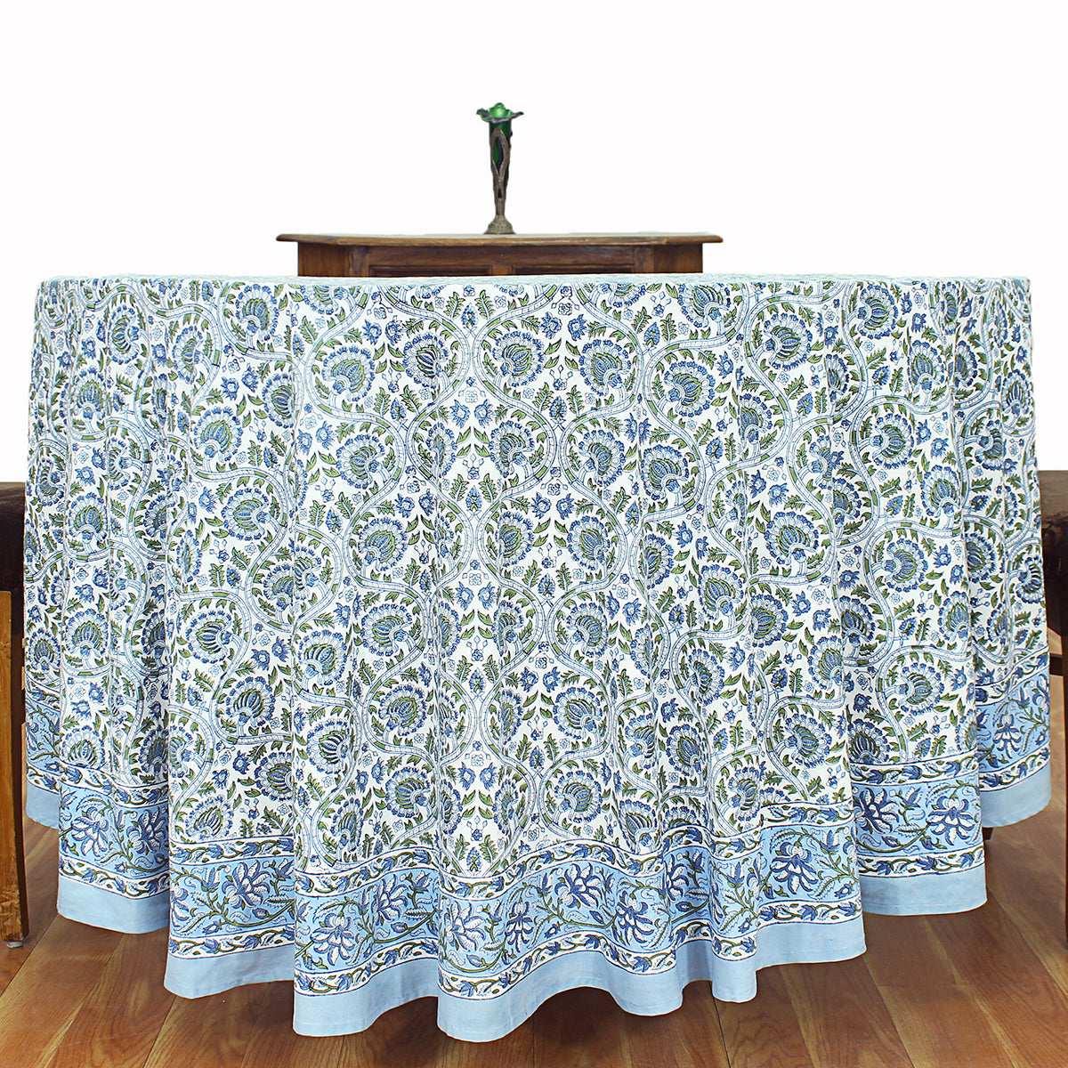 Blue Round Tablecloth, Floral Cotton, India Block Print - My Store