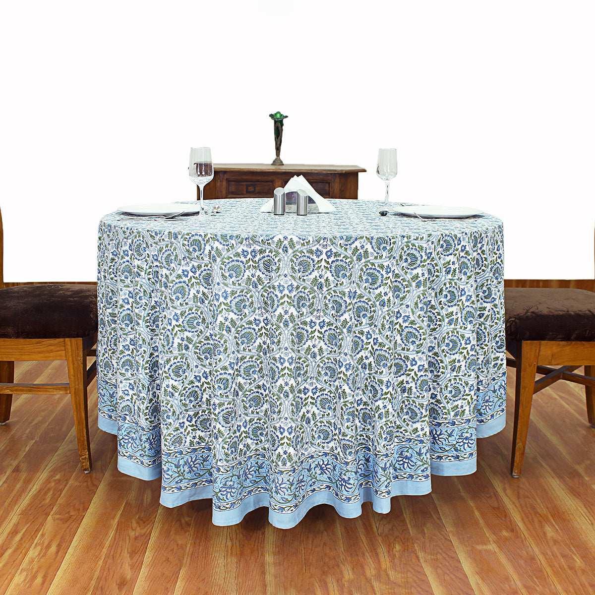 Blue Round Tablecloth, Floral Cotton, India Block Print - My Store
