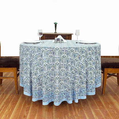 Blue Round Tablecloth, Floral Cotton, India Block Print - My Store