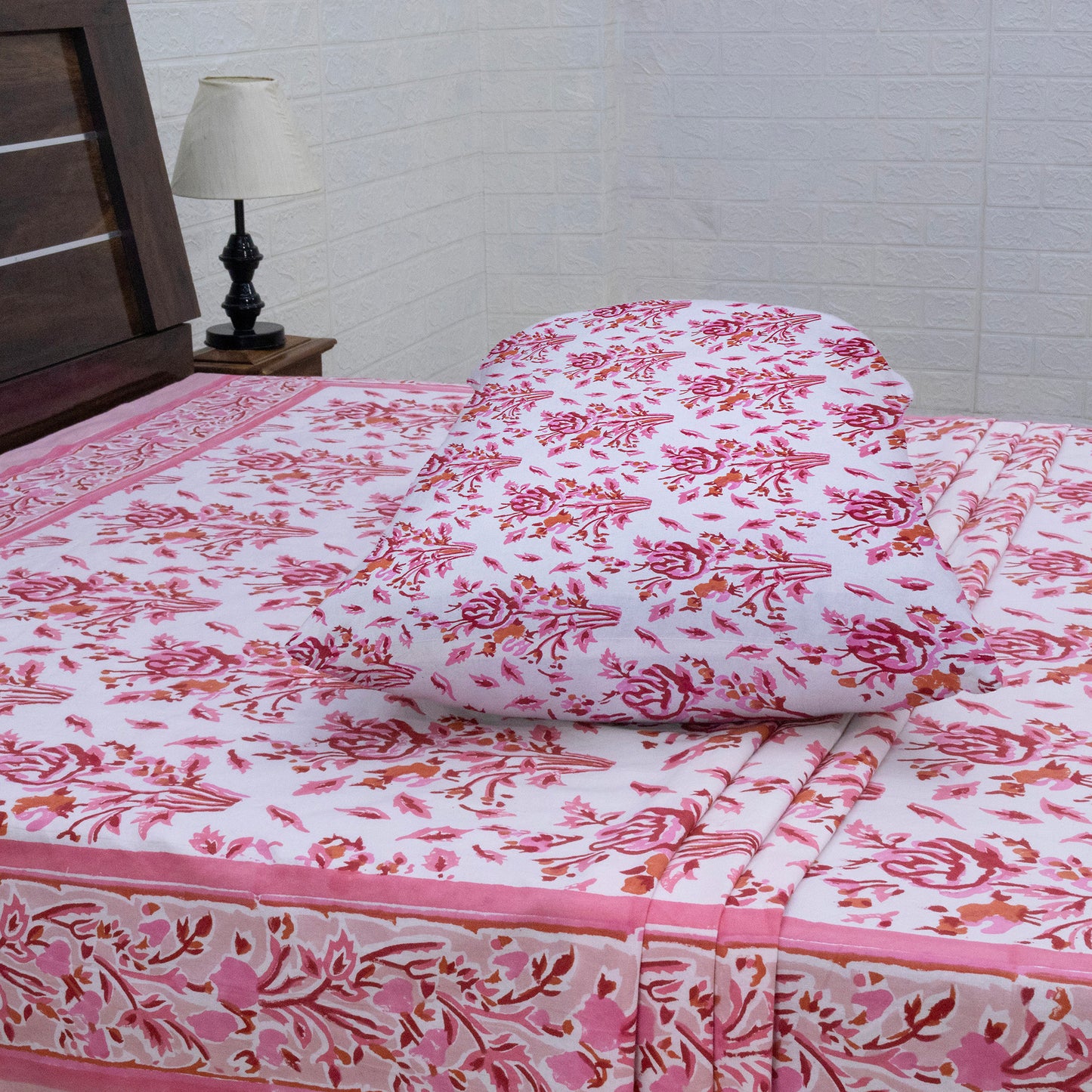 Cotton Bedsheet – Hand Block Floral Print – Pink and White – King, Queen, Twin Sizes - My Store