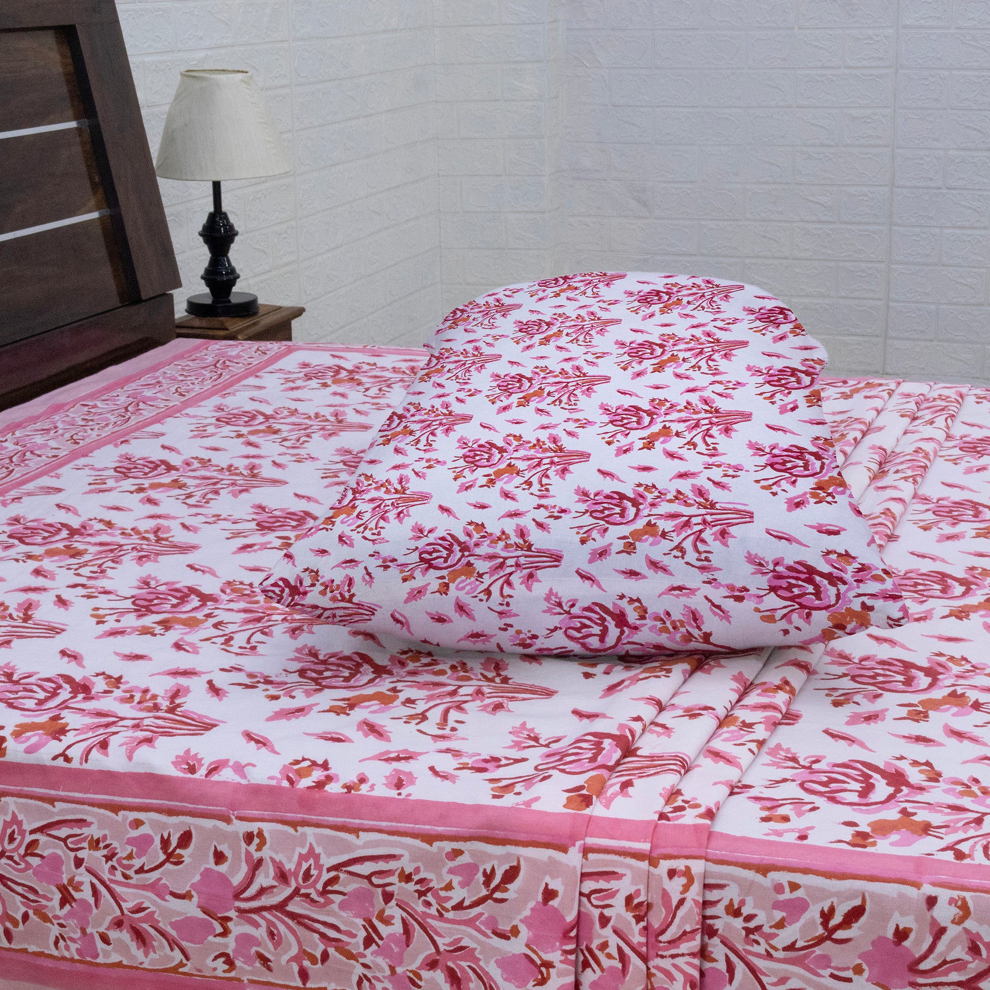 Cotton Bedsheet – Hand Block Floral Print – Pink and White – King, Queen, Twin Sizes - My Store