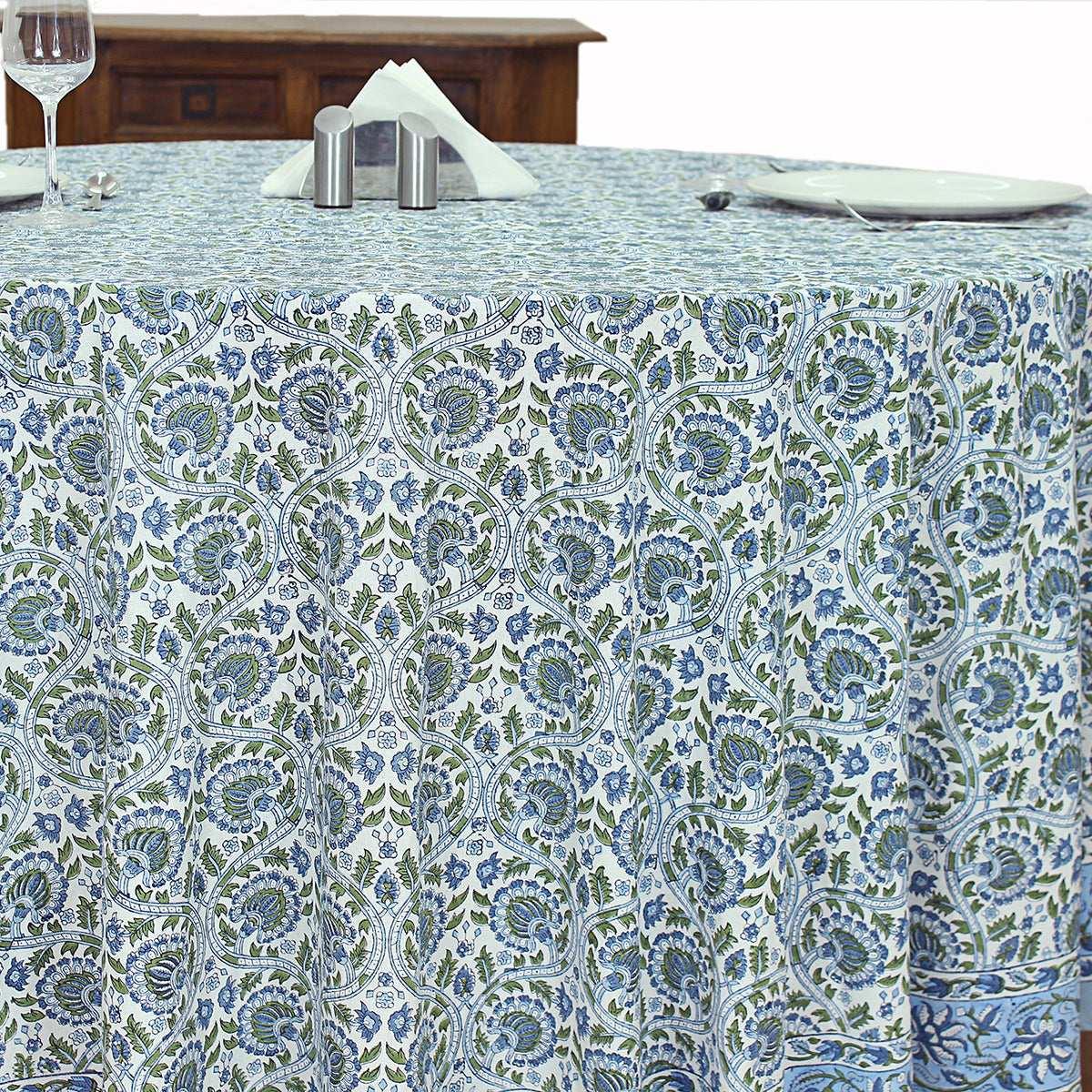 Blue Round Tablecloth, Floral Cotton, India Block Print - My Store