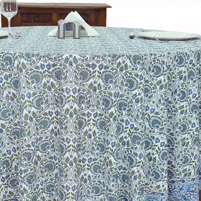 Blue Round Tablecloth, Floral Cotton, India Block Print - My Store