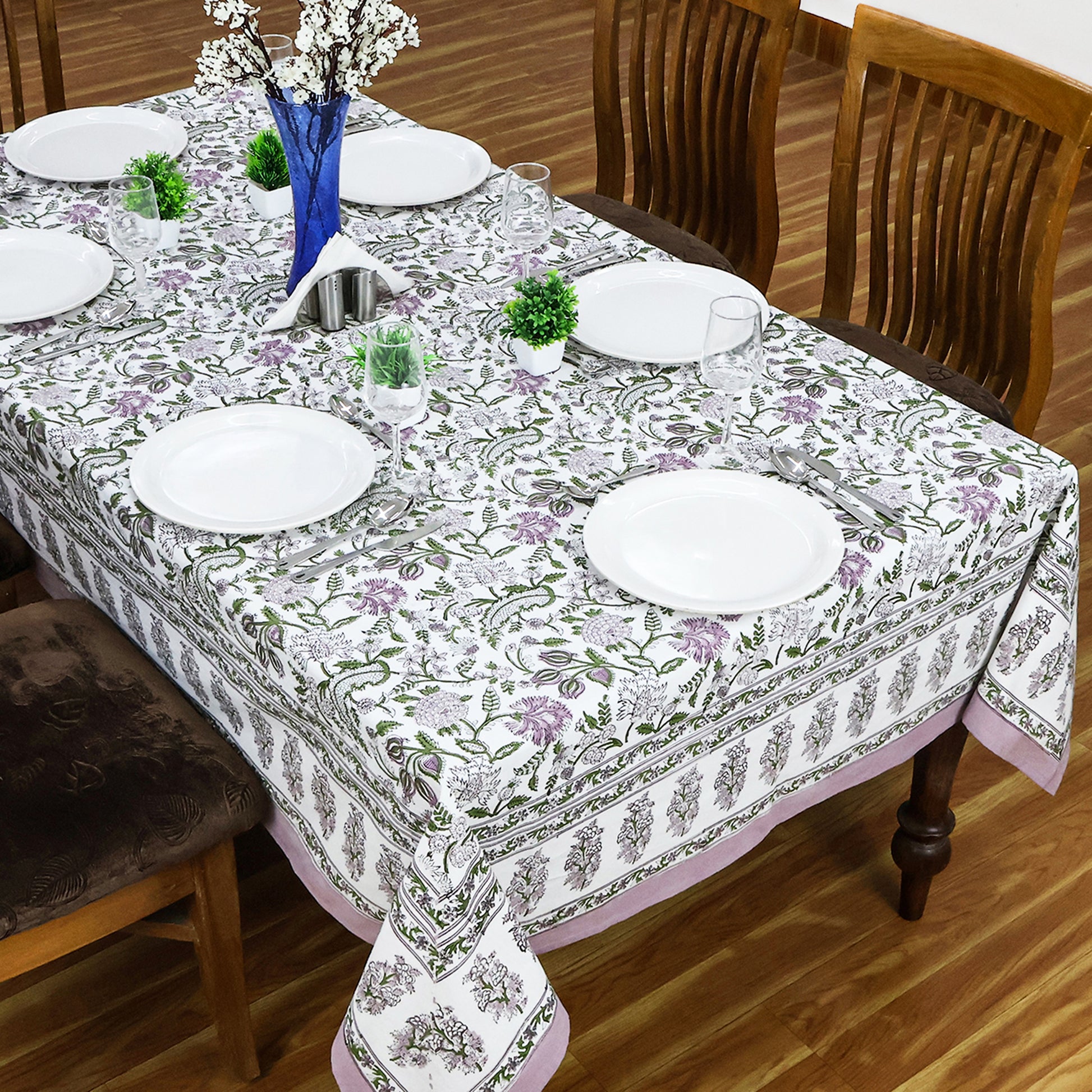 Floral Rectangle Purple Green Hand Block Printed Tablecloth for Dinning Table Cover - My Store