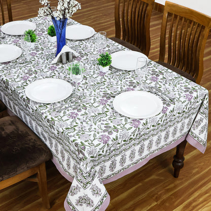 Floral Rectangle Purple Green Hand Block Printed Tablecloth for Dinning Table Cover - My Store