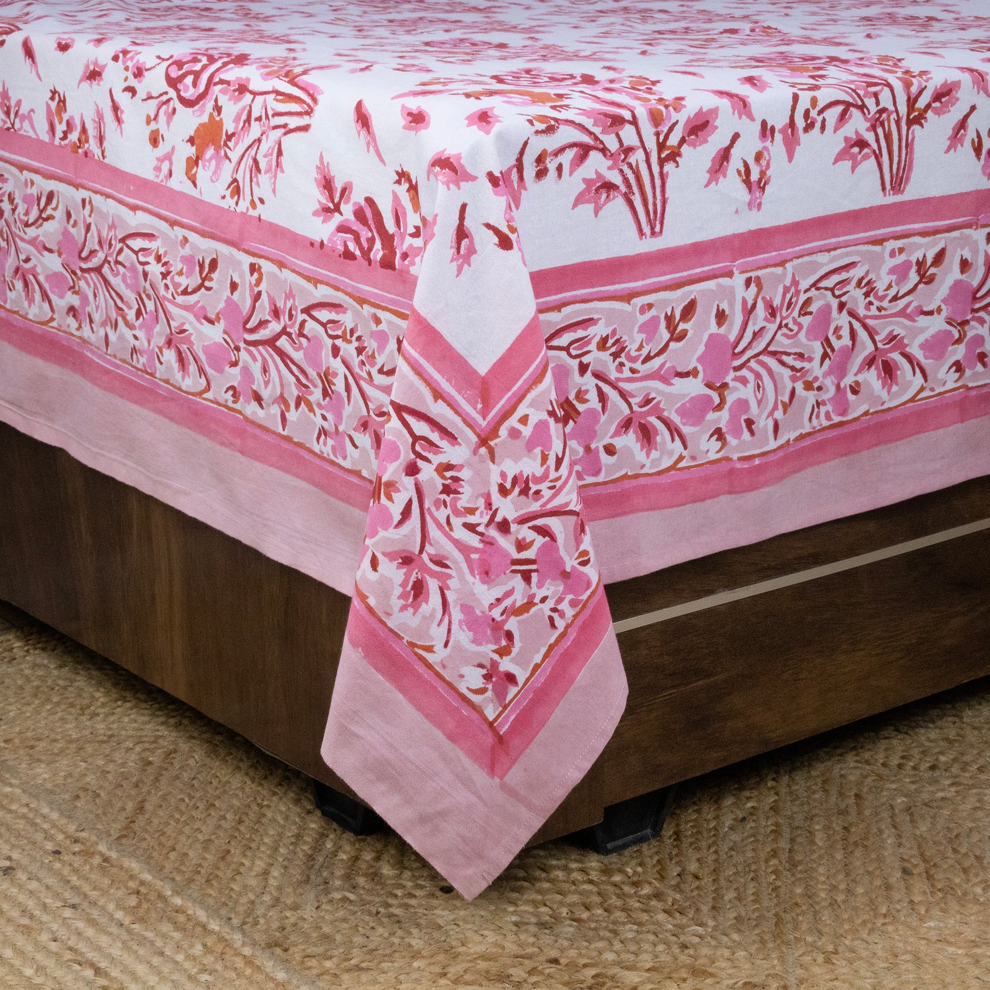 Cotton Bedsheet – Hand Block Floral Print – Pink and White – King, Queen, Twin Sizes - My Store
