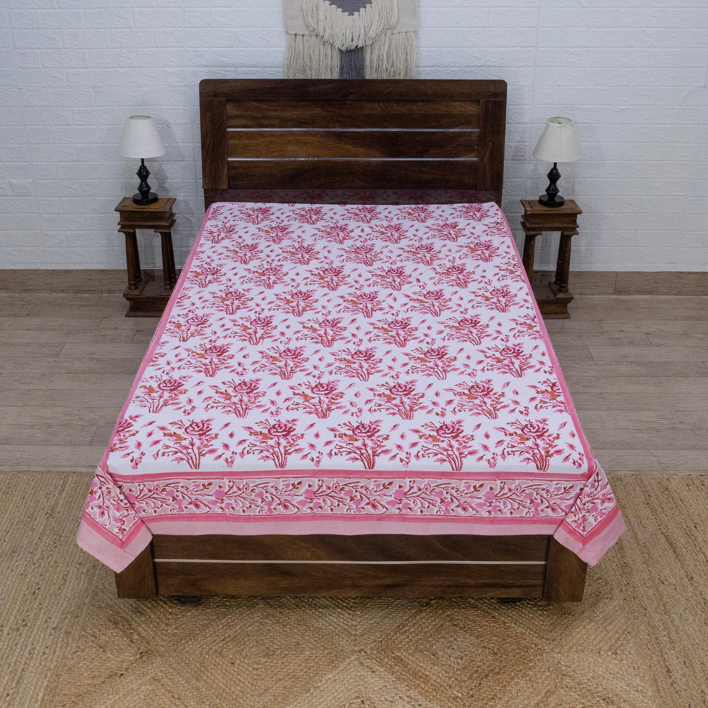 Cotton Bedsheet – Hand Block Floral Print – Pink and White – King, Queen, Twin Sizes - My Store