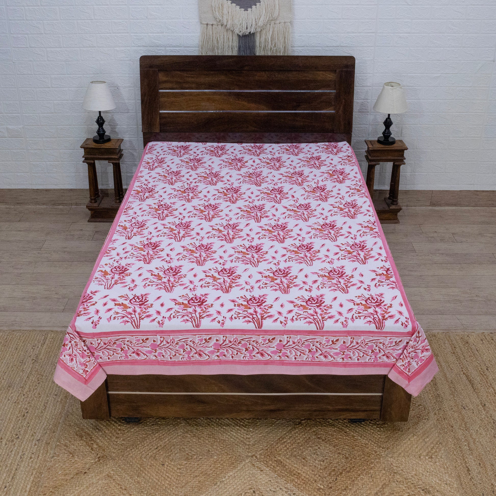 Cotton Bedsheet – Hand Block Floral Print – Pink and White – King, Queen, Twin Sizes - My Store