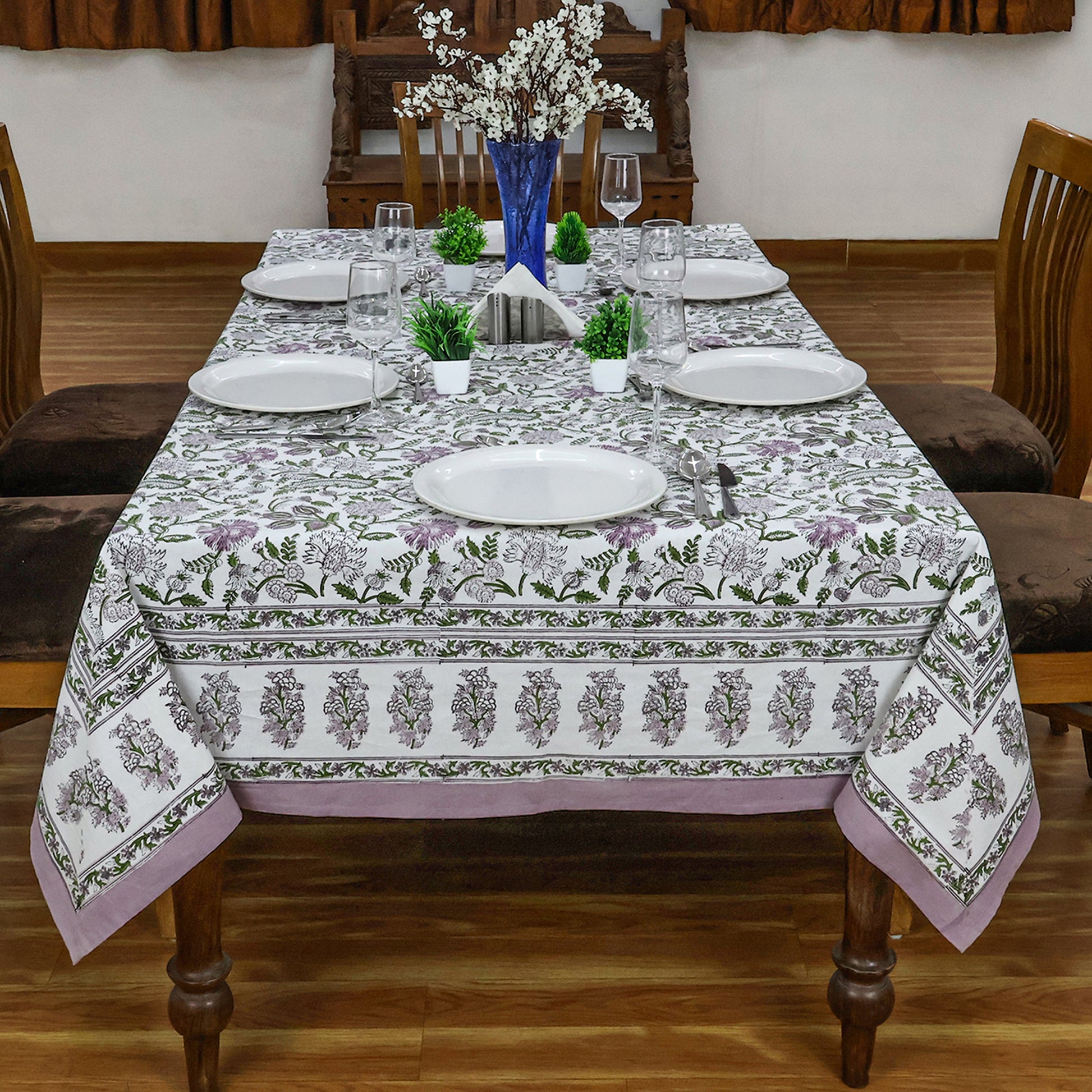 Floral Rectangle Purple Green Hand Block Printed Tablecloth for Dinning Table Cover - My Store