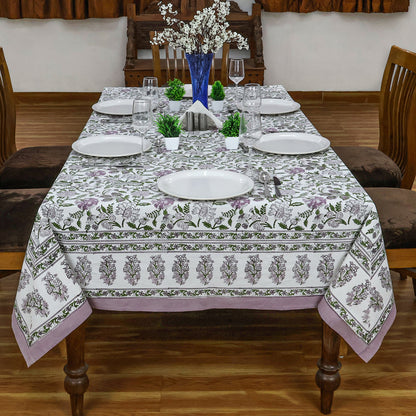 Floral Rectangle Purple Green Hand Block Printed Tablecloth for Dinning Table Cover - My Store