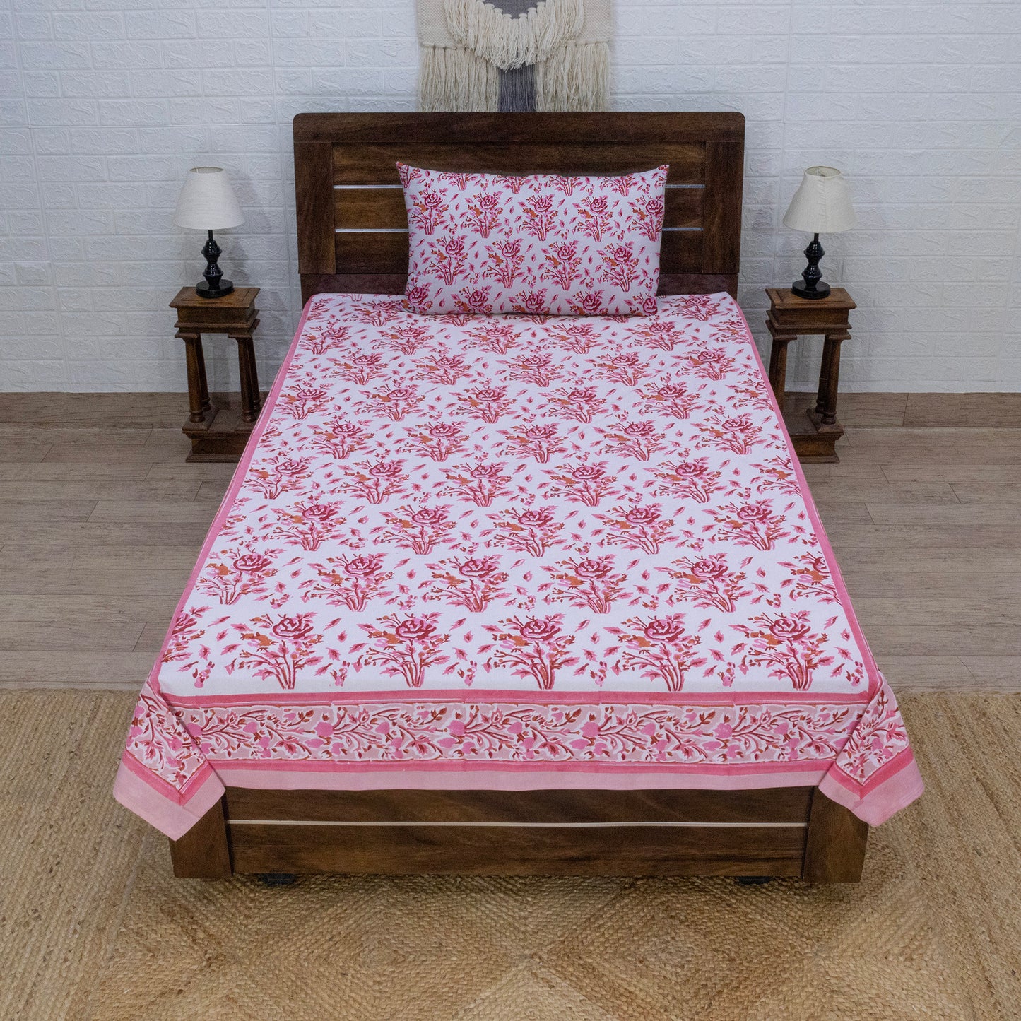 Cotton Bedsheet – Hand Block Floral Print – Pink and White – King, Queen, Twin Sizes - My Store