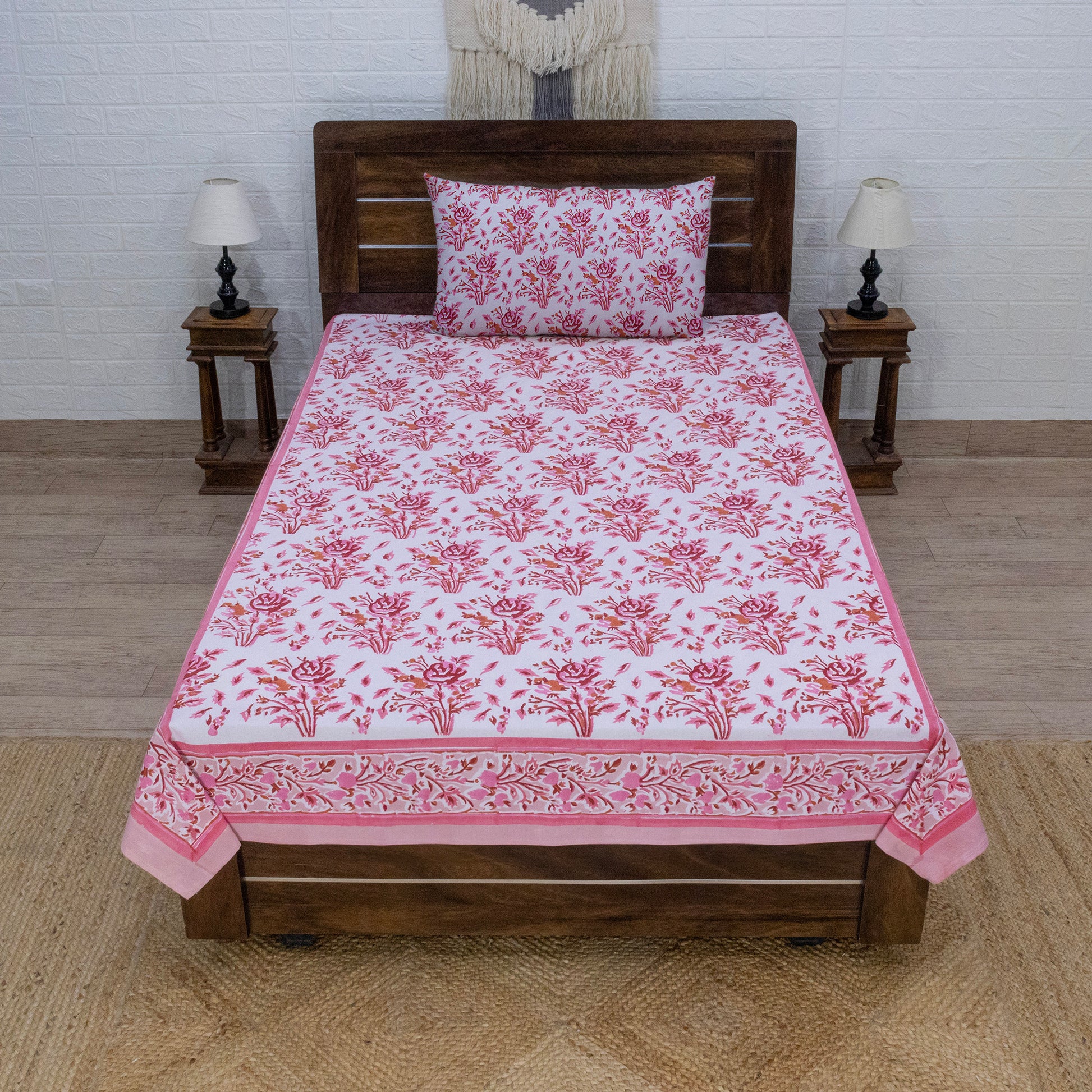 Cotton Bedsheet – Hand Block Floral Print – Pink and White – King, Queen, Twin Sizes - My Store