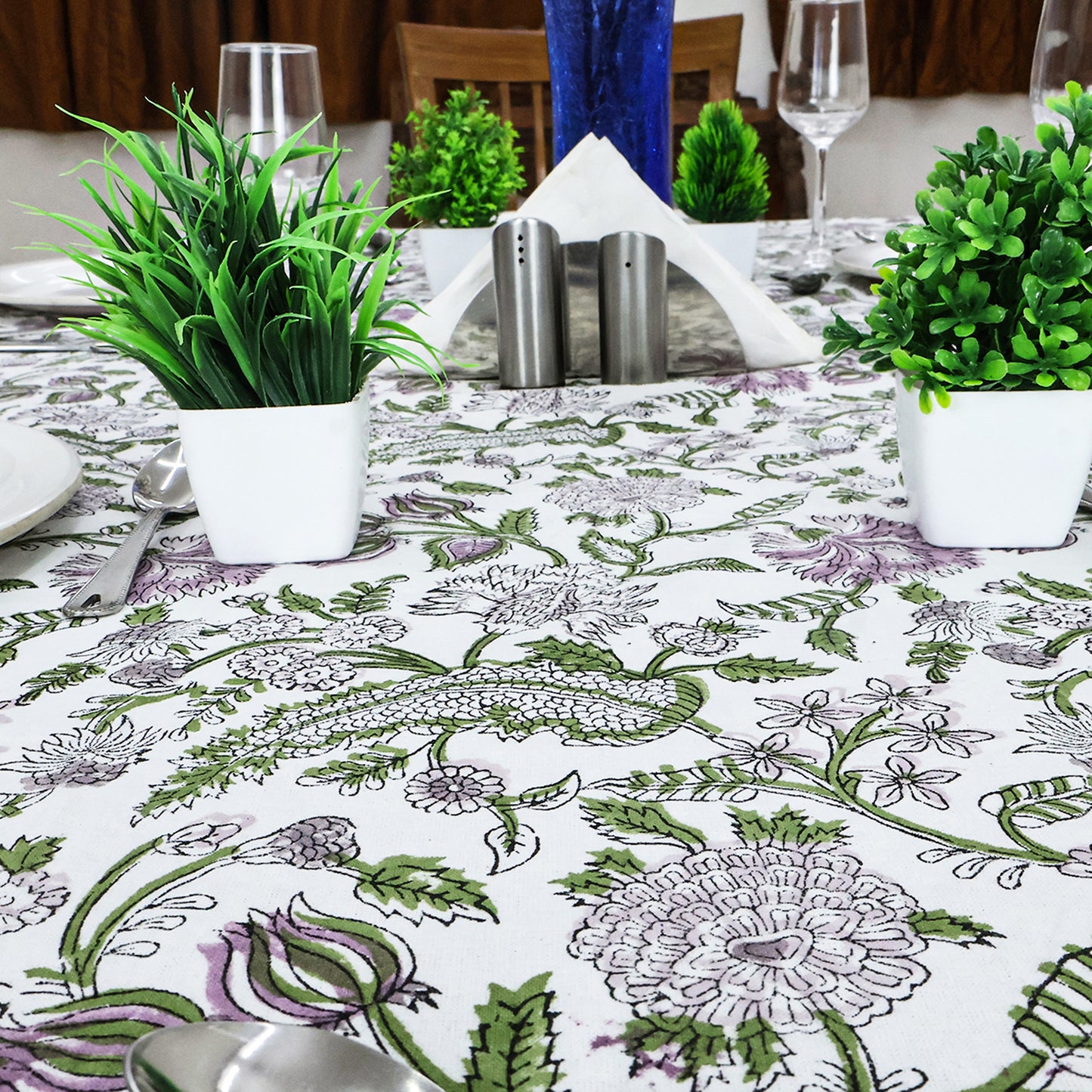 Floral Rectangle Purple Green Hand Block Printed Tablecloth for Dinning Table Cover - My Store