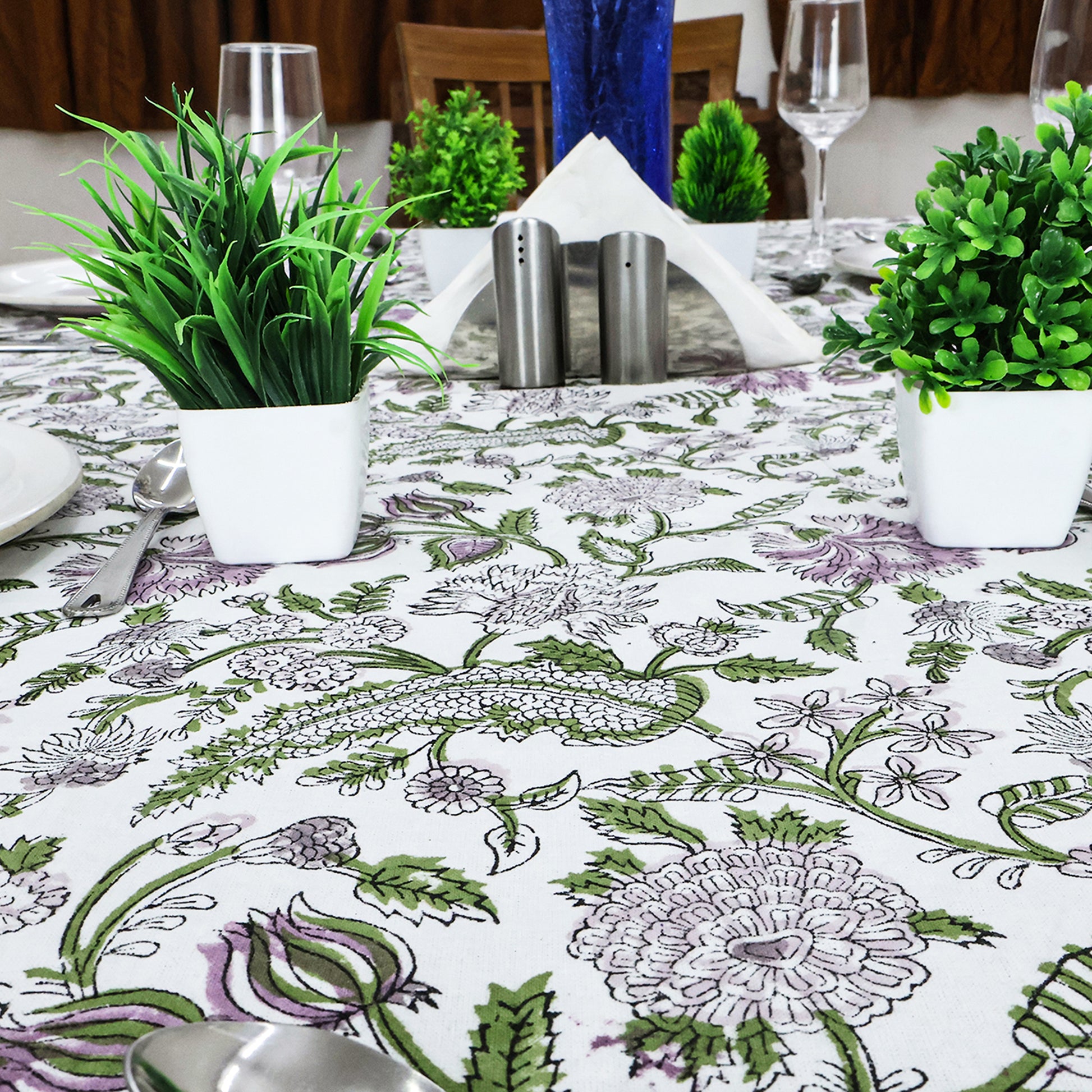 Floral Rectangle Purple Green Hand Block Printed Tablecloth for Dinning Table Cover - My Store