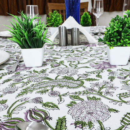 Floral Rectangle Purple Green Hand Block Printed Tablecloth for Dinning Table Cover - My Store