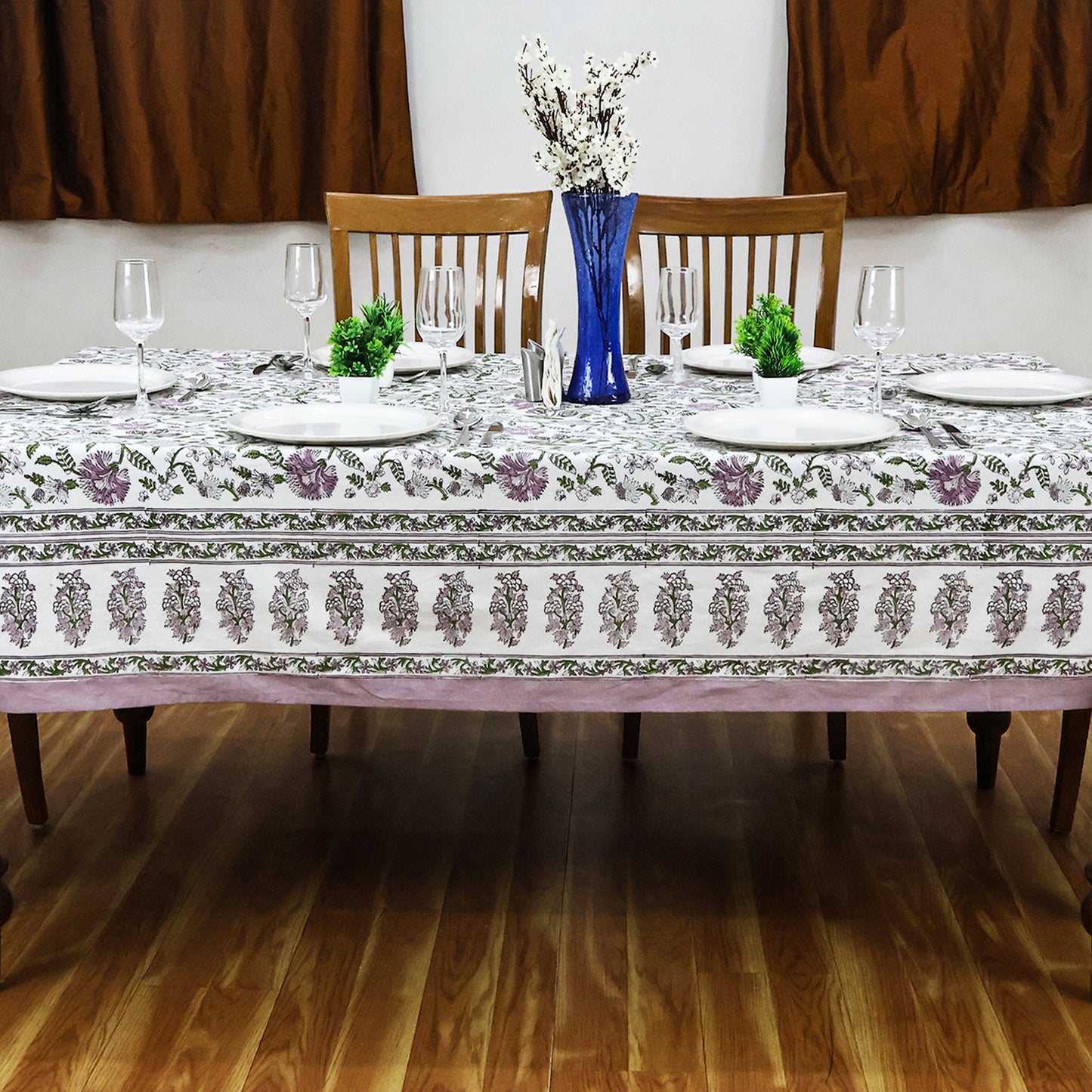 Floral Rectangle Purple Green Hand Block Printed Tablecloth for Dinning Table Cover - My Store