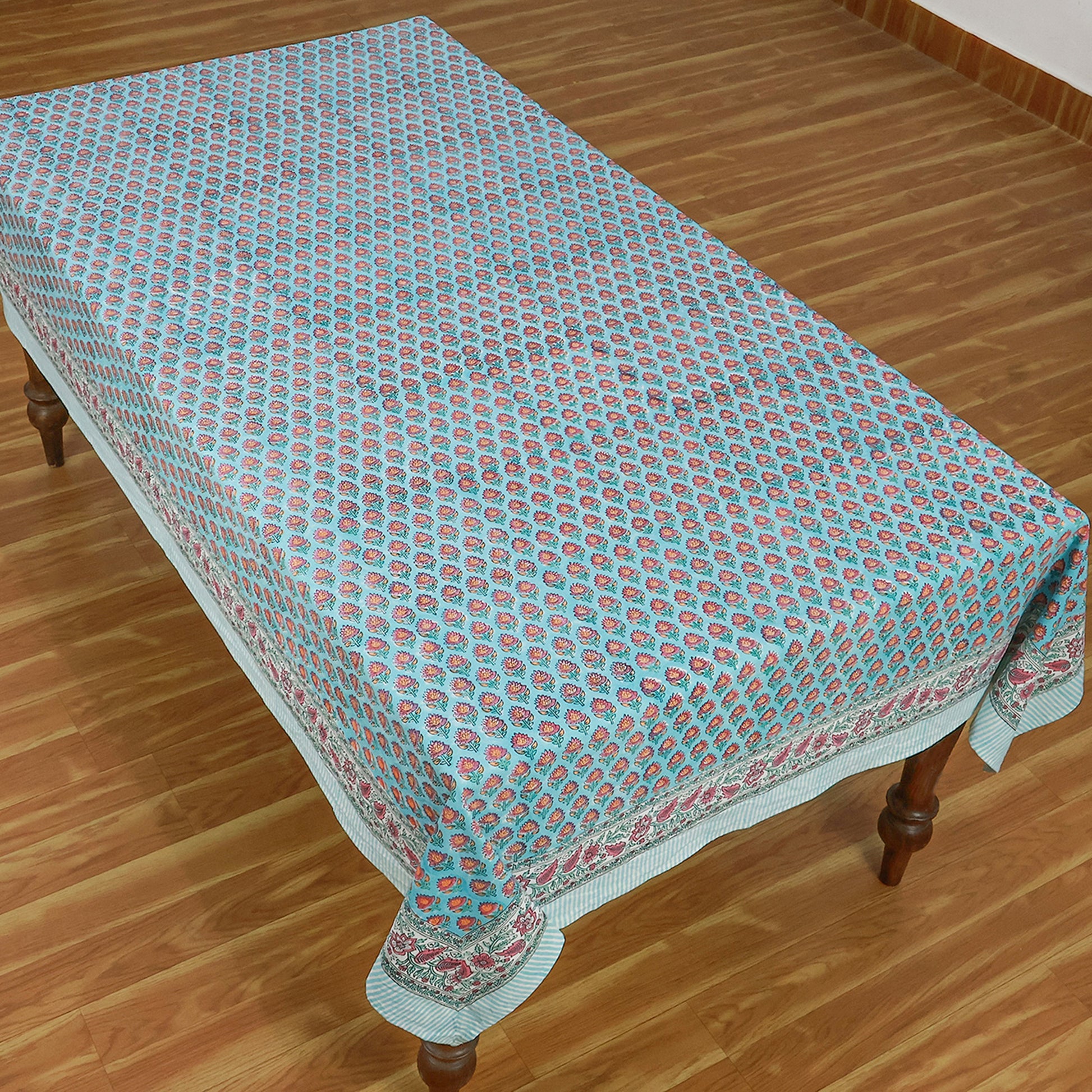 Indian Hand Block Printed Floral Blue Cotton Washable Tablecloth - My Store