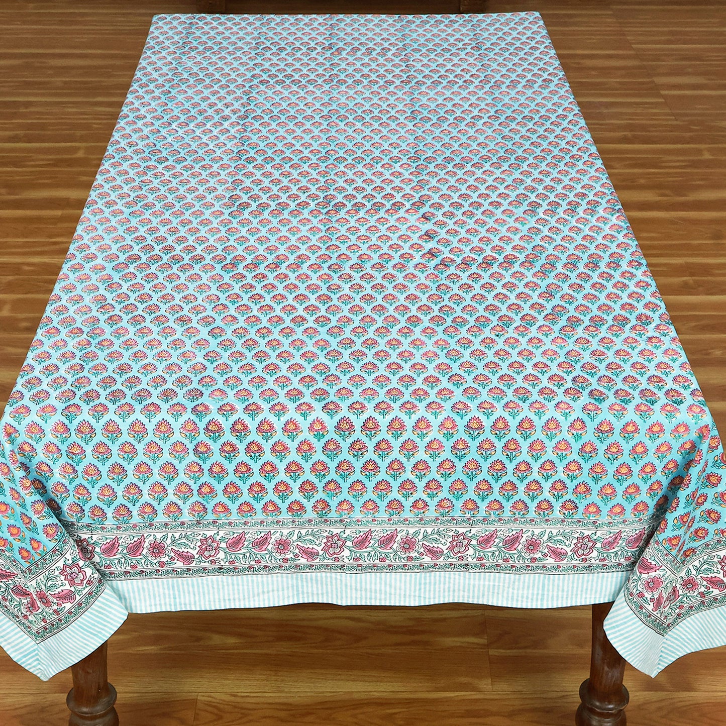 Indian Hand Block Printed Floral Blue Cotton Washable Tablecloth - My Store
