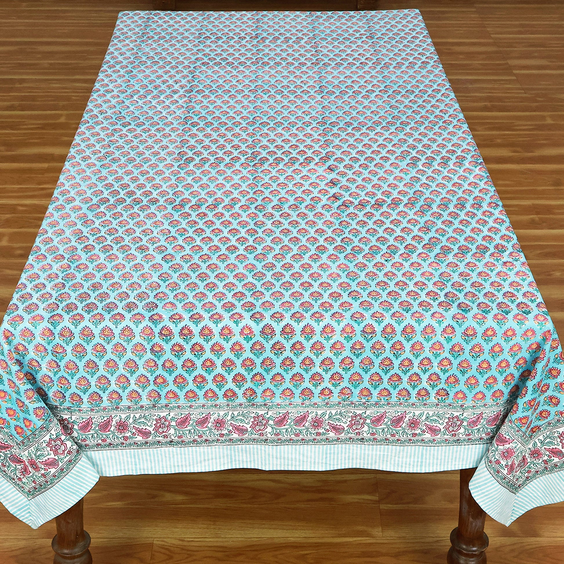 Indian Hand Block Printed Floral Blue Cotton Washable Tablecloth - My Store