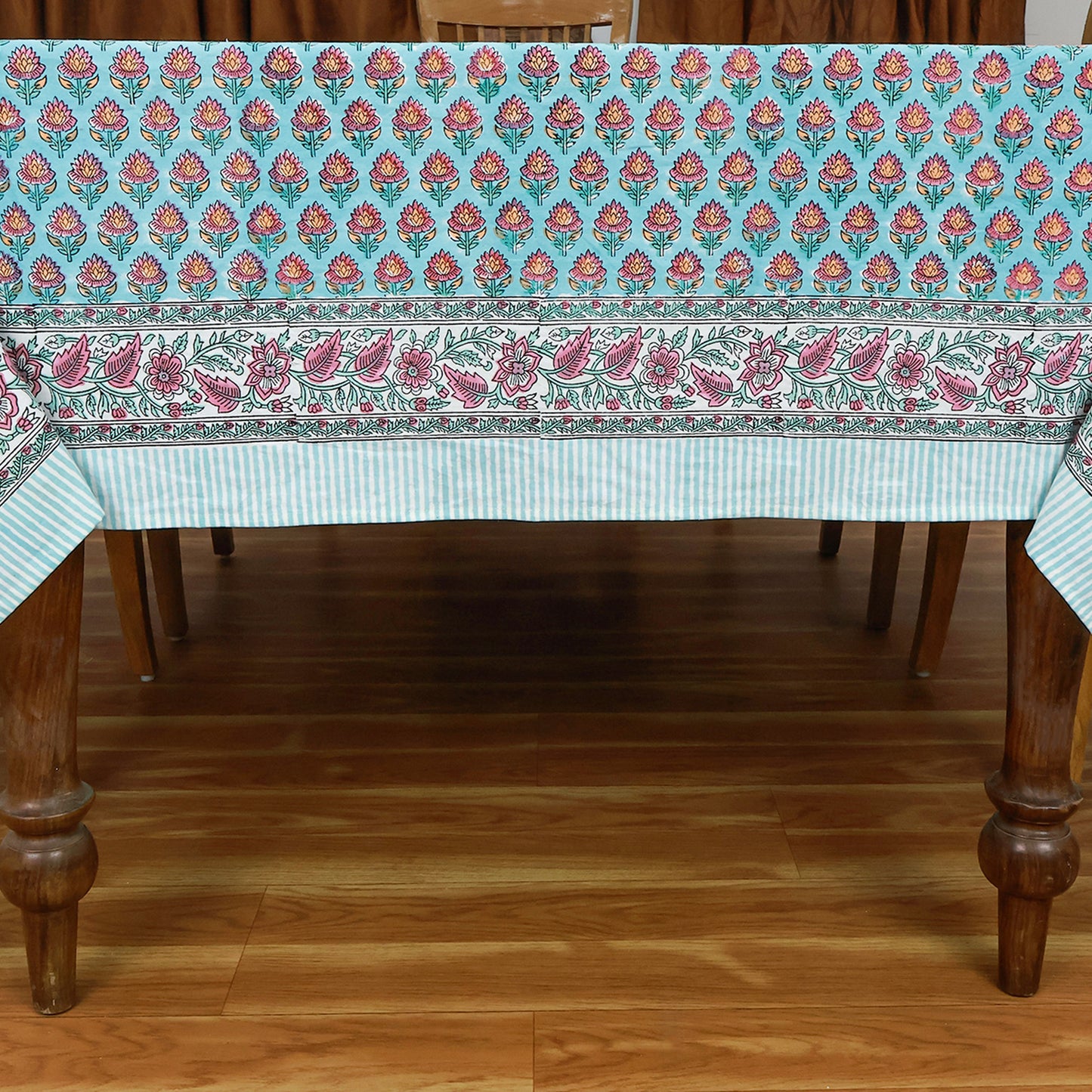 Indian Hand Block Printed Floral Blue Cotton Washable Tablecloth - My Store