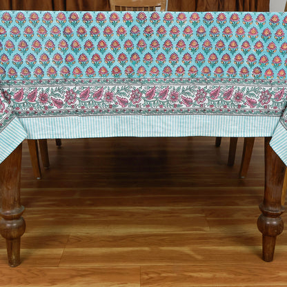 Indian Hand Block Printed Floral Blue Cotton Washable Tablecloth - My Store