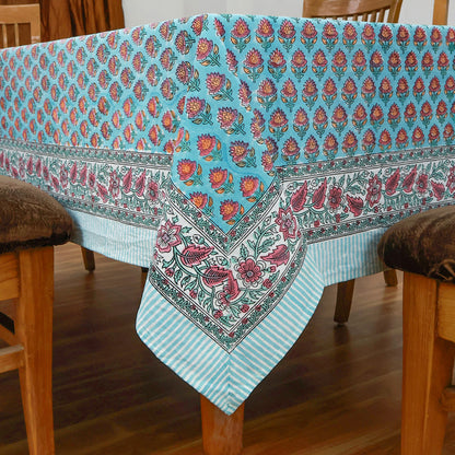 Indian Hand Block Printed Floral Blue Cotton Washable Tablecloth - My Store
