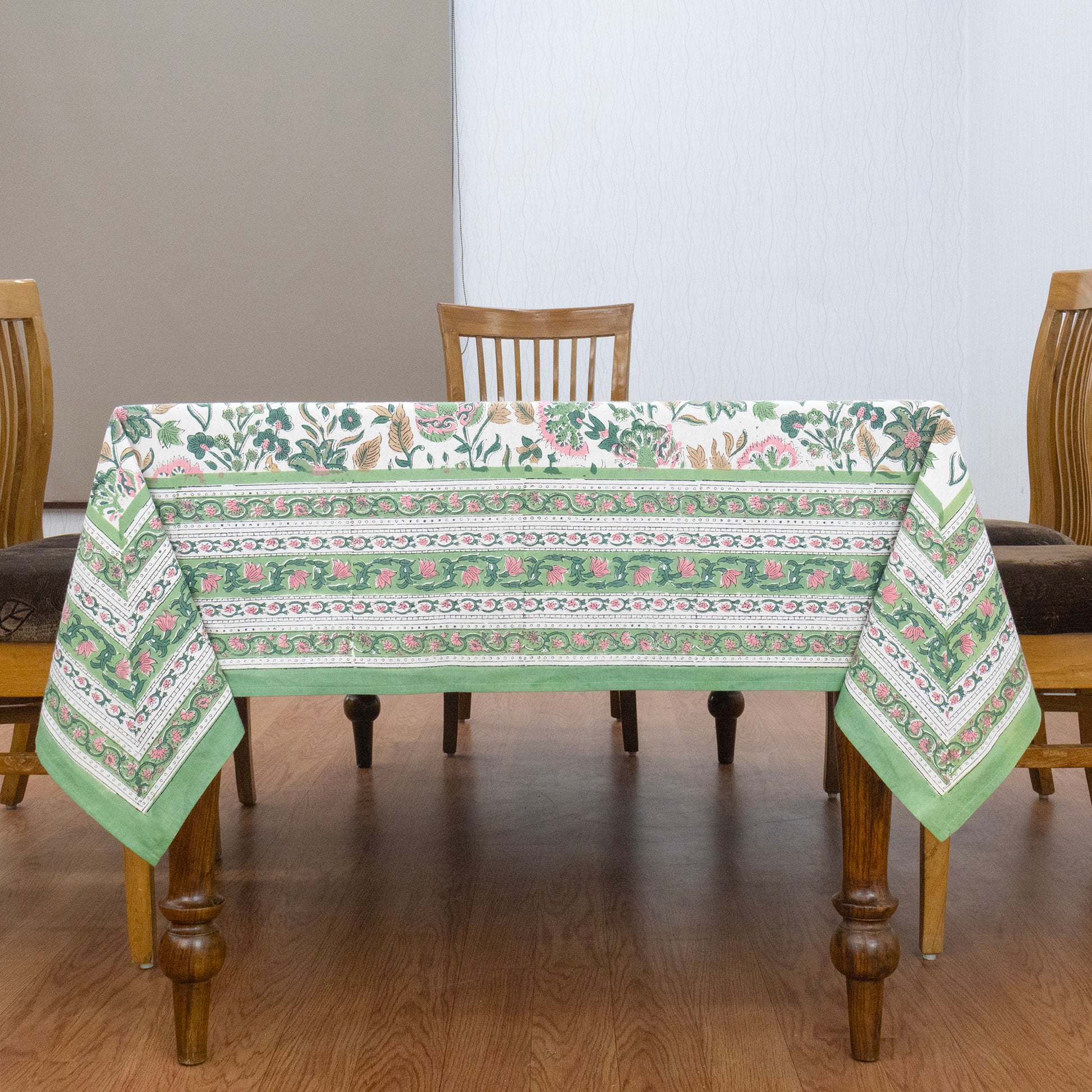 Artisan Block Print Cotton Tablecloth,Green and Pink Indian Rectangle Dining Cover - My Store