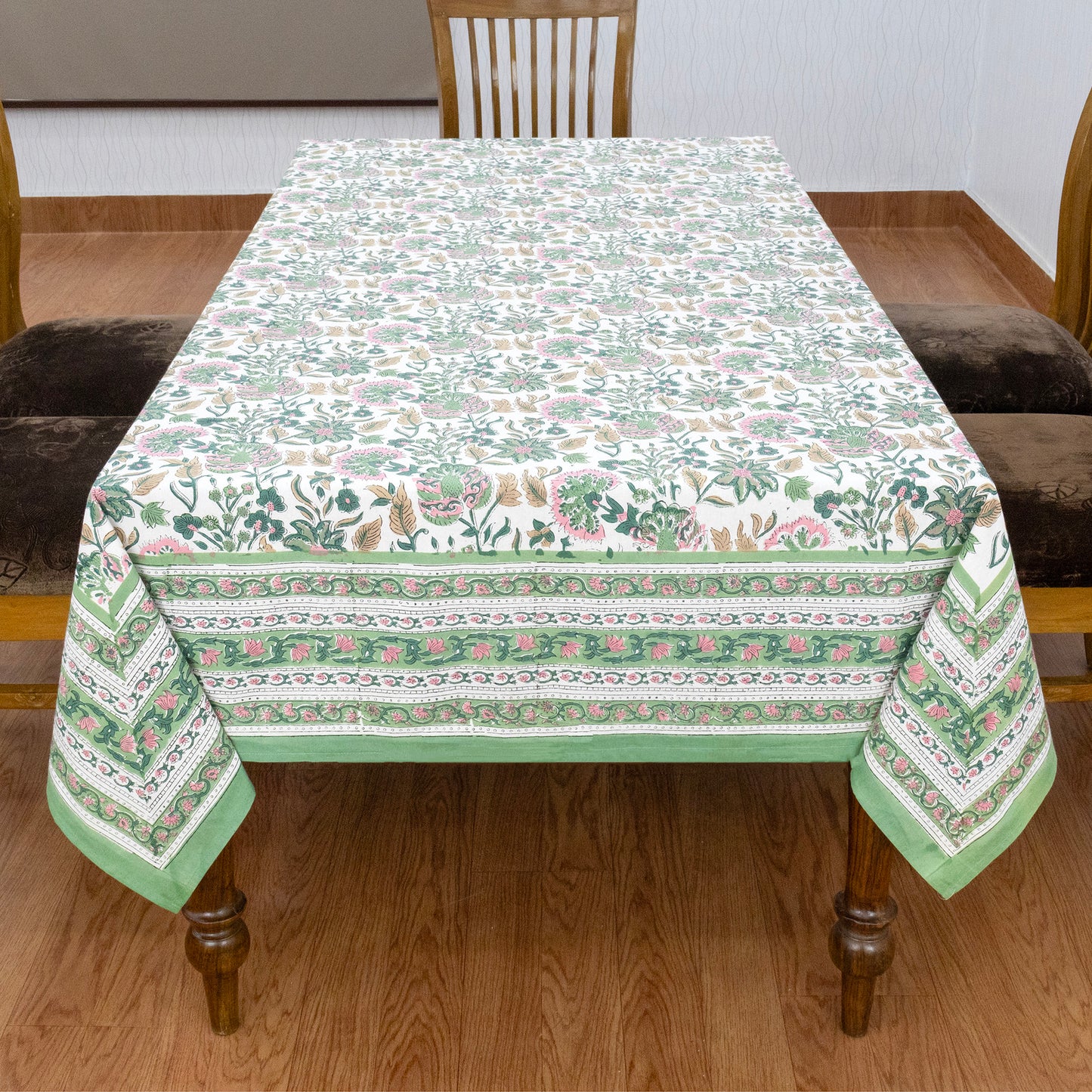 Artisan Block Print Cotton Tablecloth,Green and Pink Indian Rectangle Dining Cover - My Store