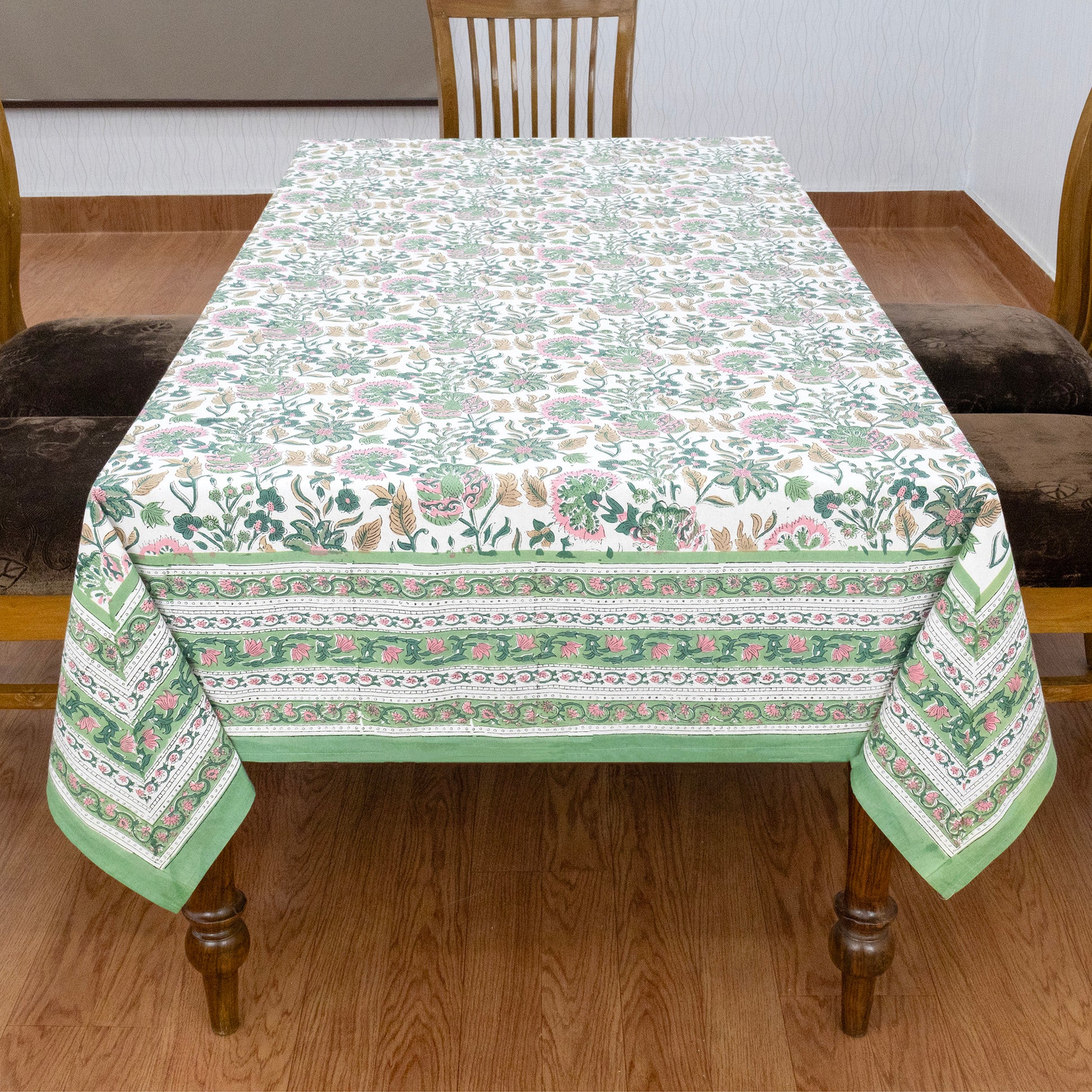Artisan Block Print Cotton Tablecloth,Green and Pink Indian Rectangle Dining Cover - My Store