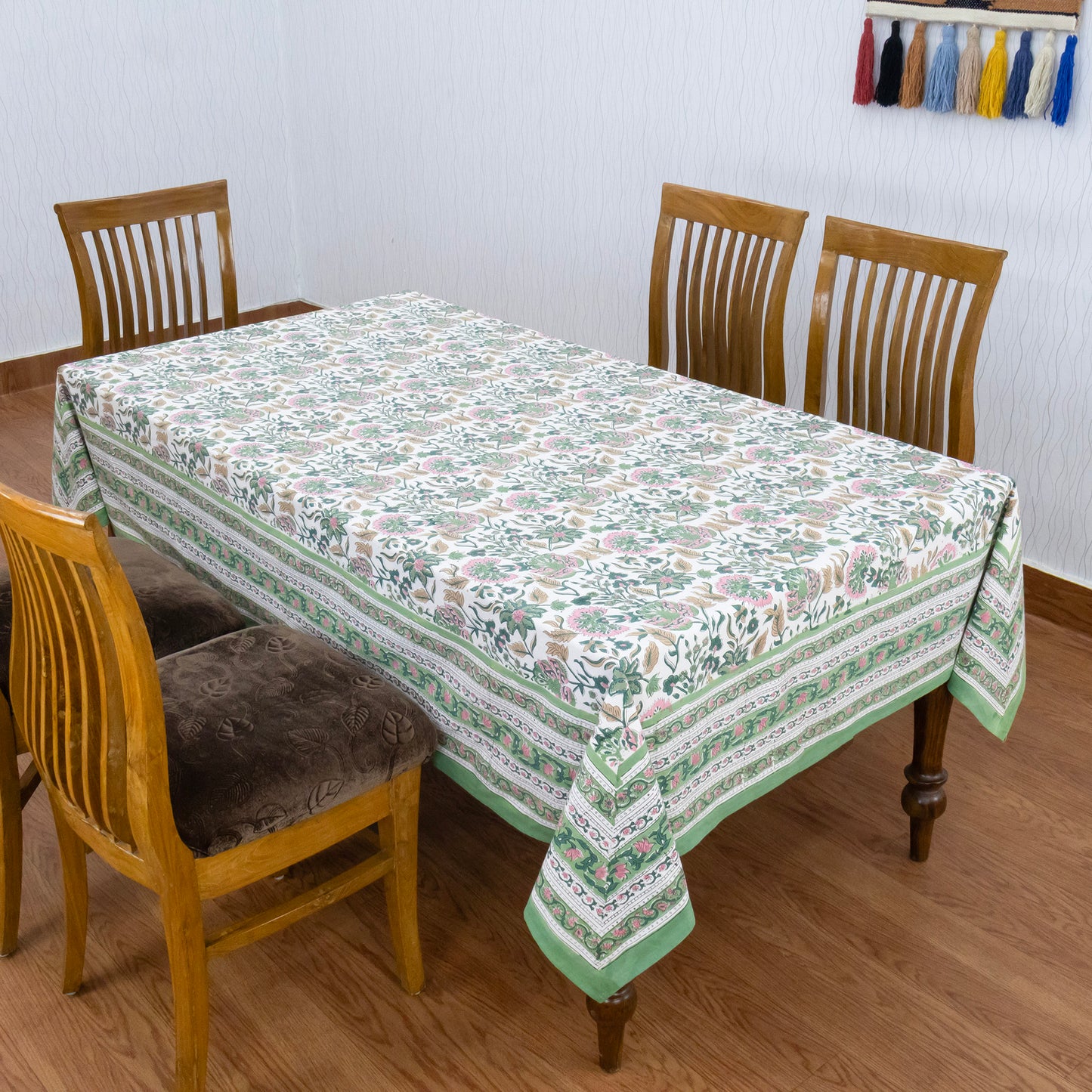 Artisan Block Print Cotton Tablecloth,Green and Pink Indian Rectangle Dining Cover - My Store