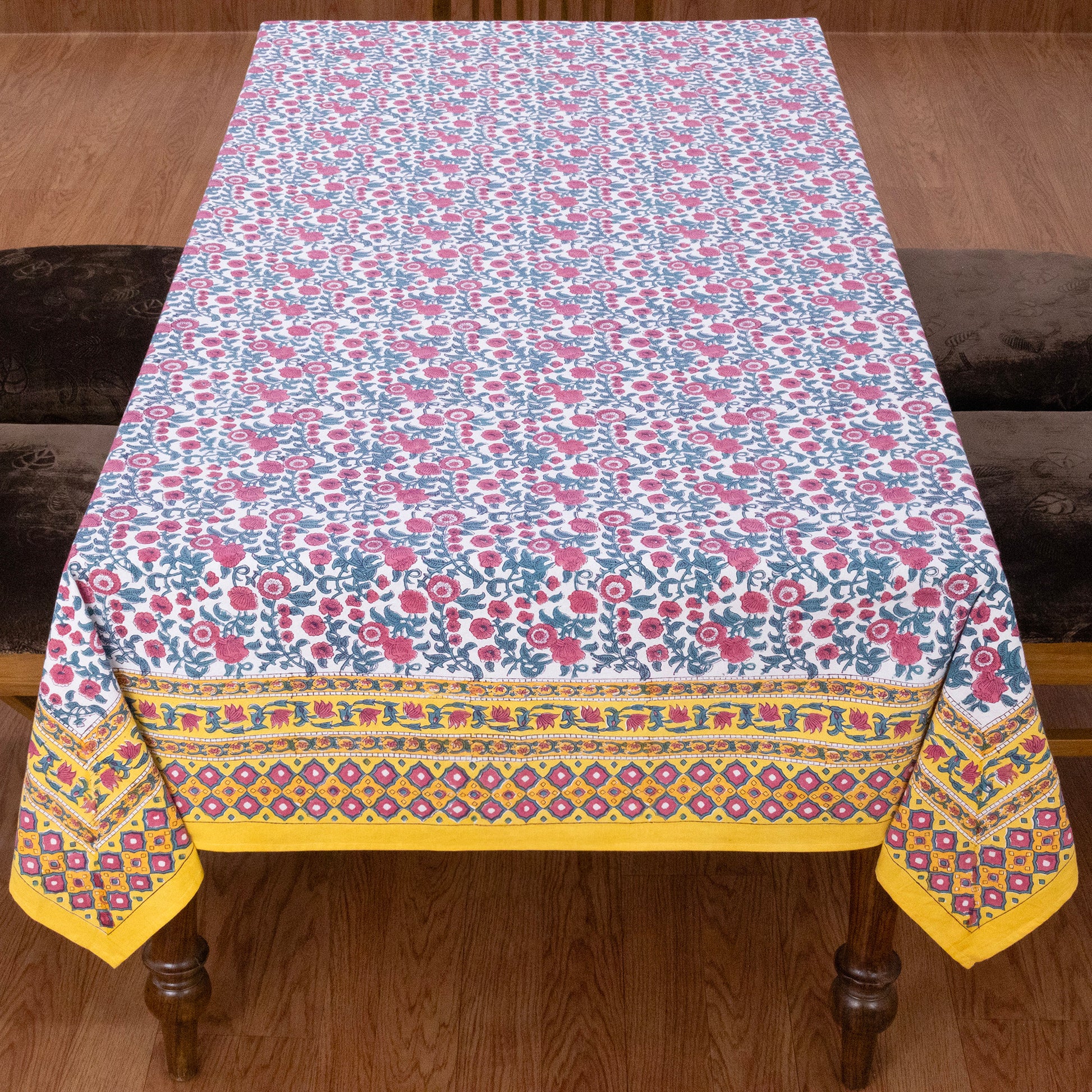 Indian Handmade Block Printed Cotton pink and yellow Rectangle Tablecloth - My Store